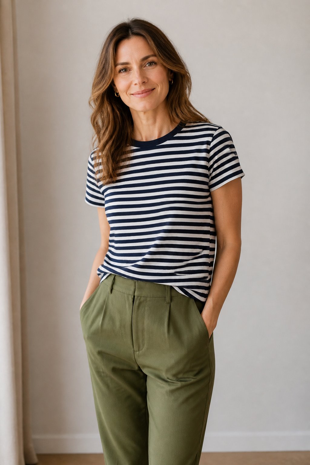 Woman wearing striped tee with olive trousers and sneakers