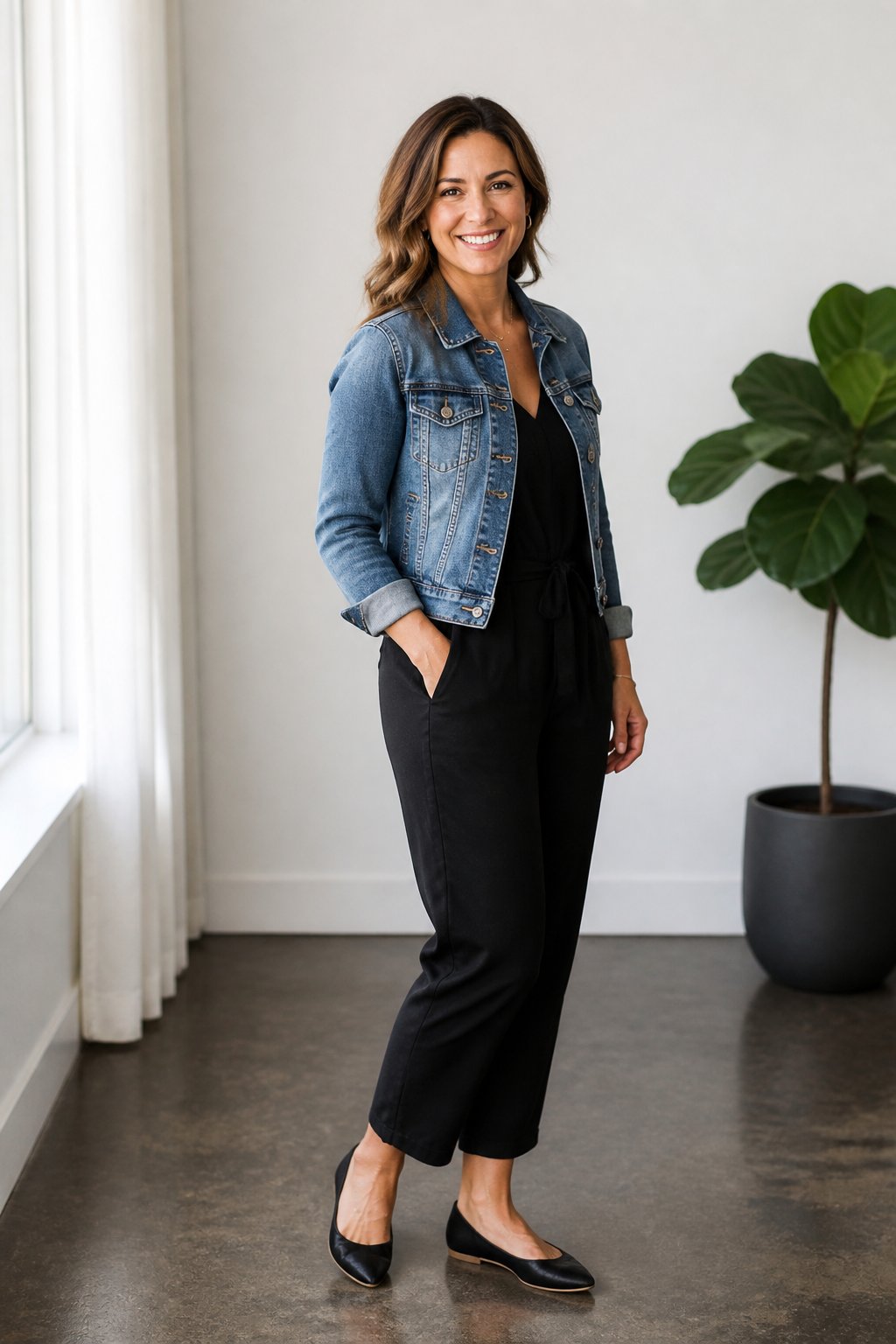 Woman wearing black jumpsuit with denim jacket and flats