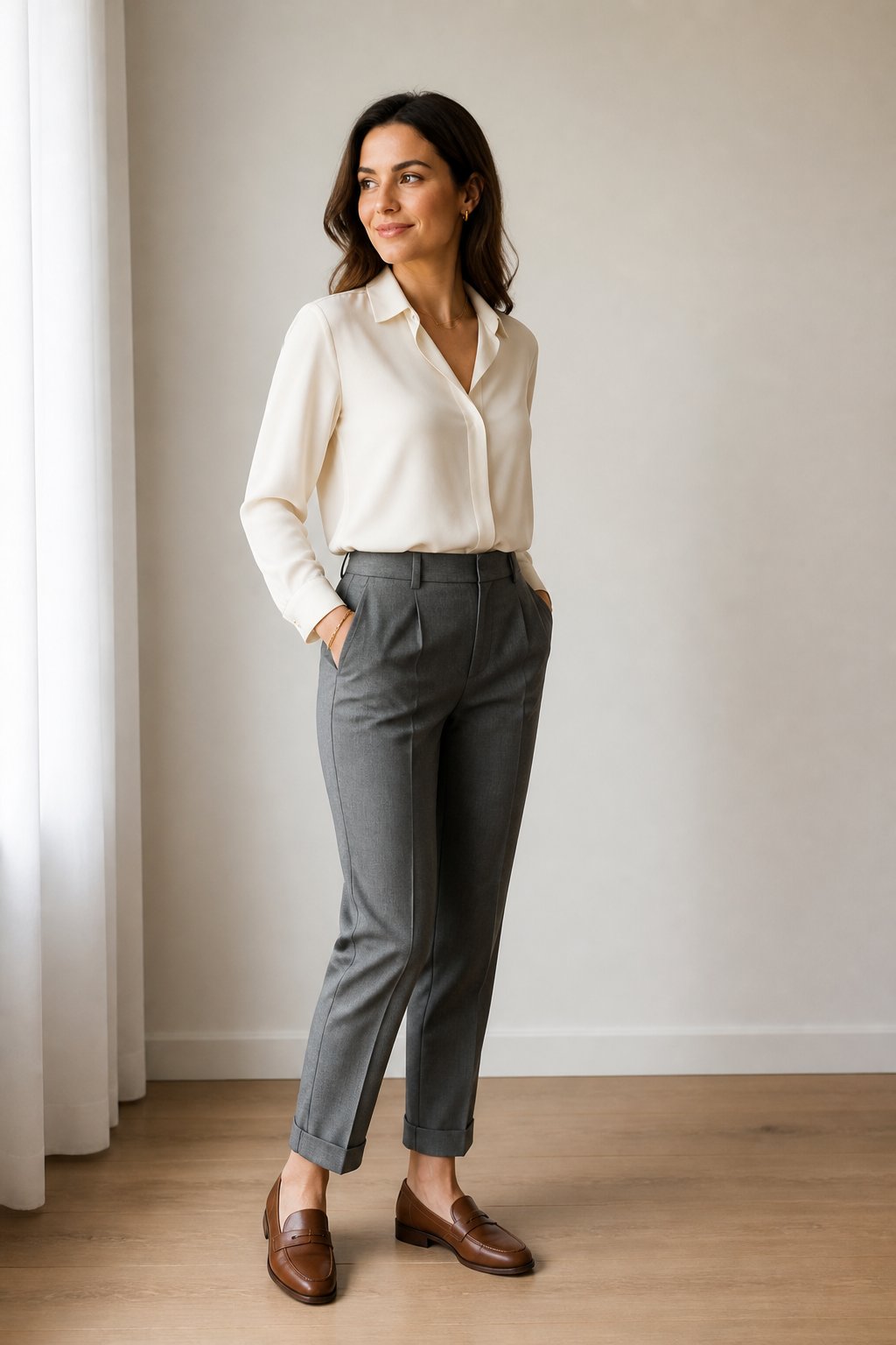 Woman wearing cream blouse with grey trousers and loafers