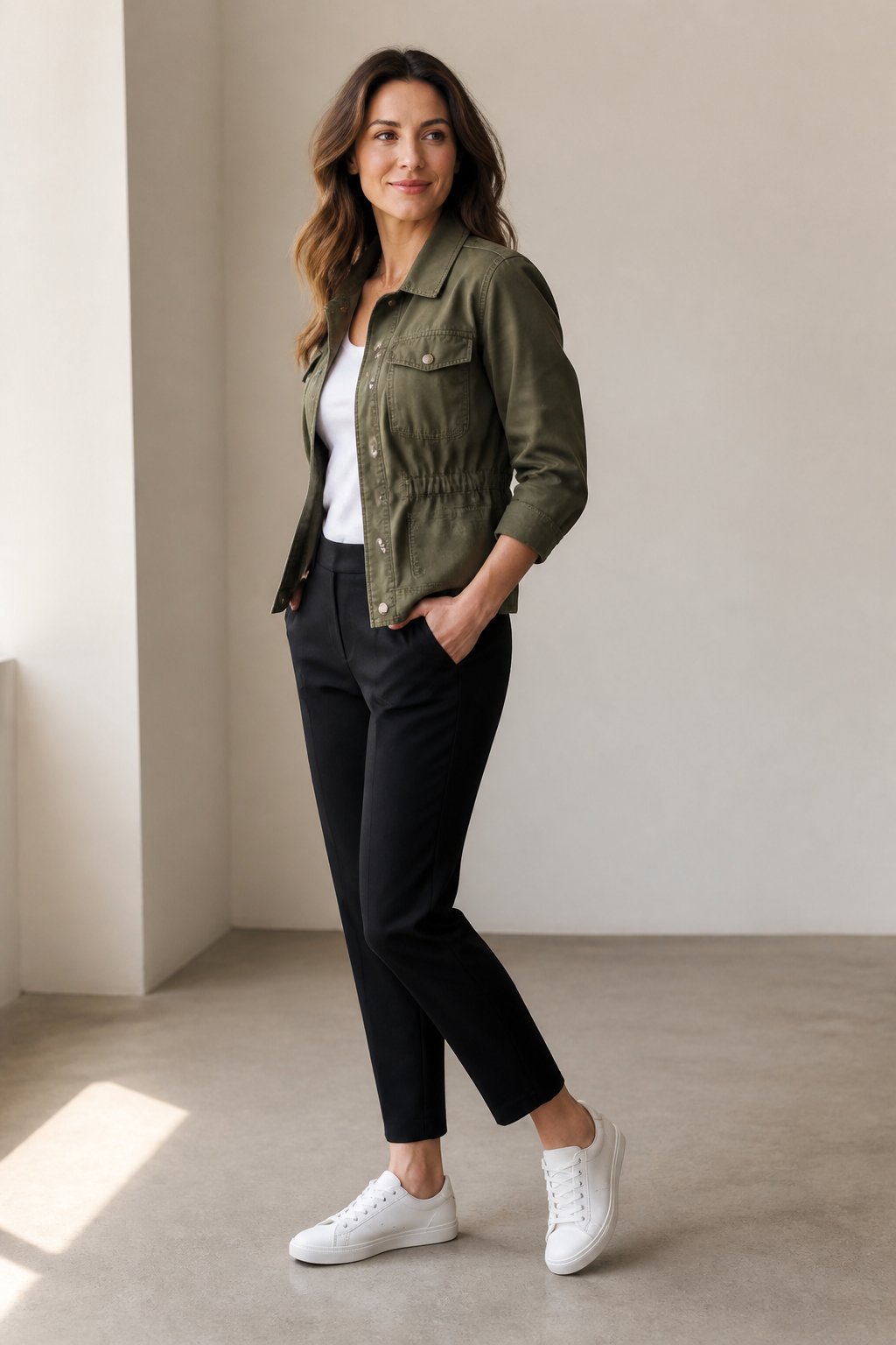 Woman wearing utility jacket with black pants and sneakers