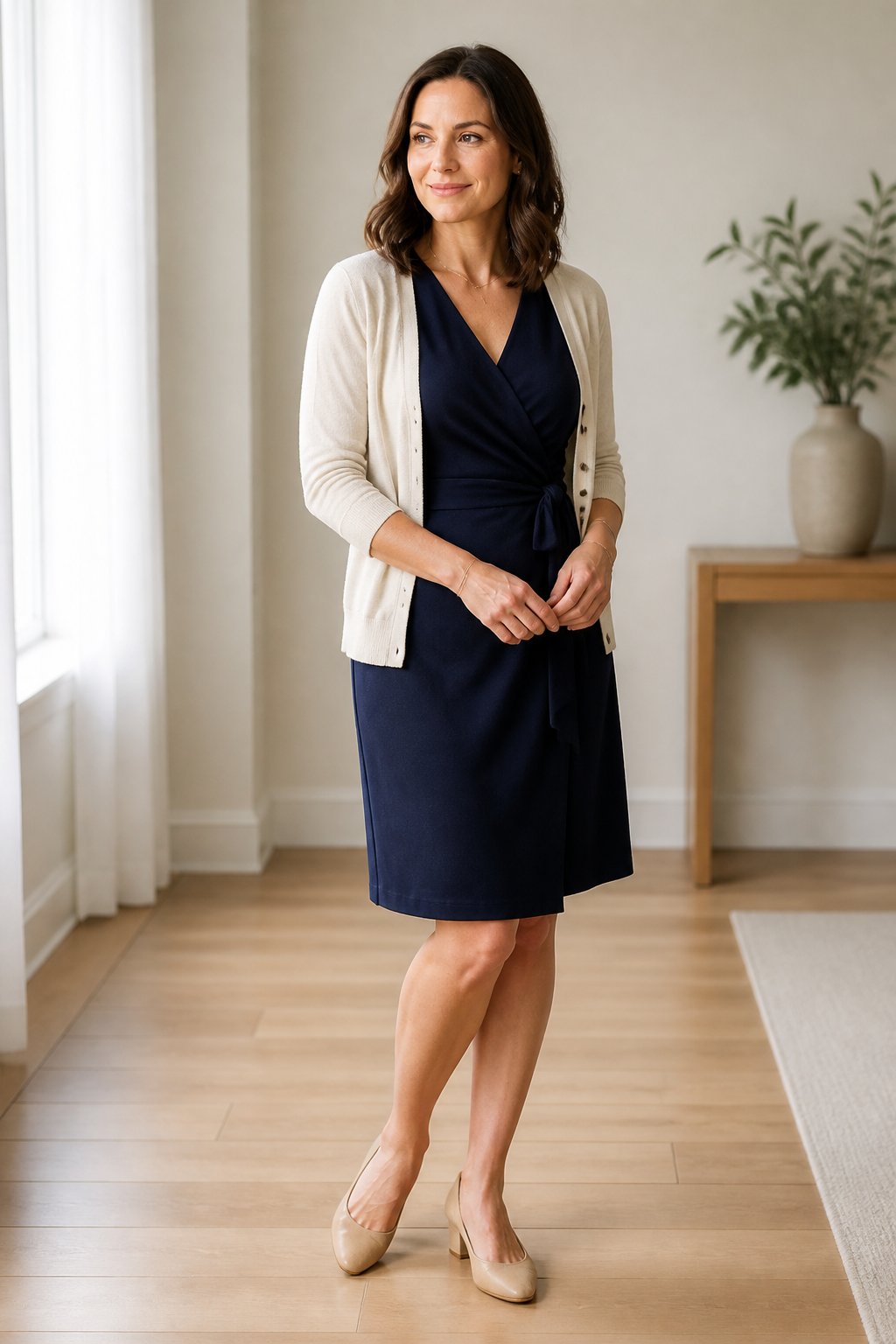 Woman wearing wrap dress with cardigan and low heels