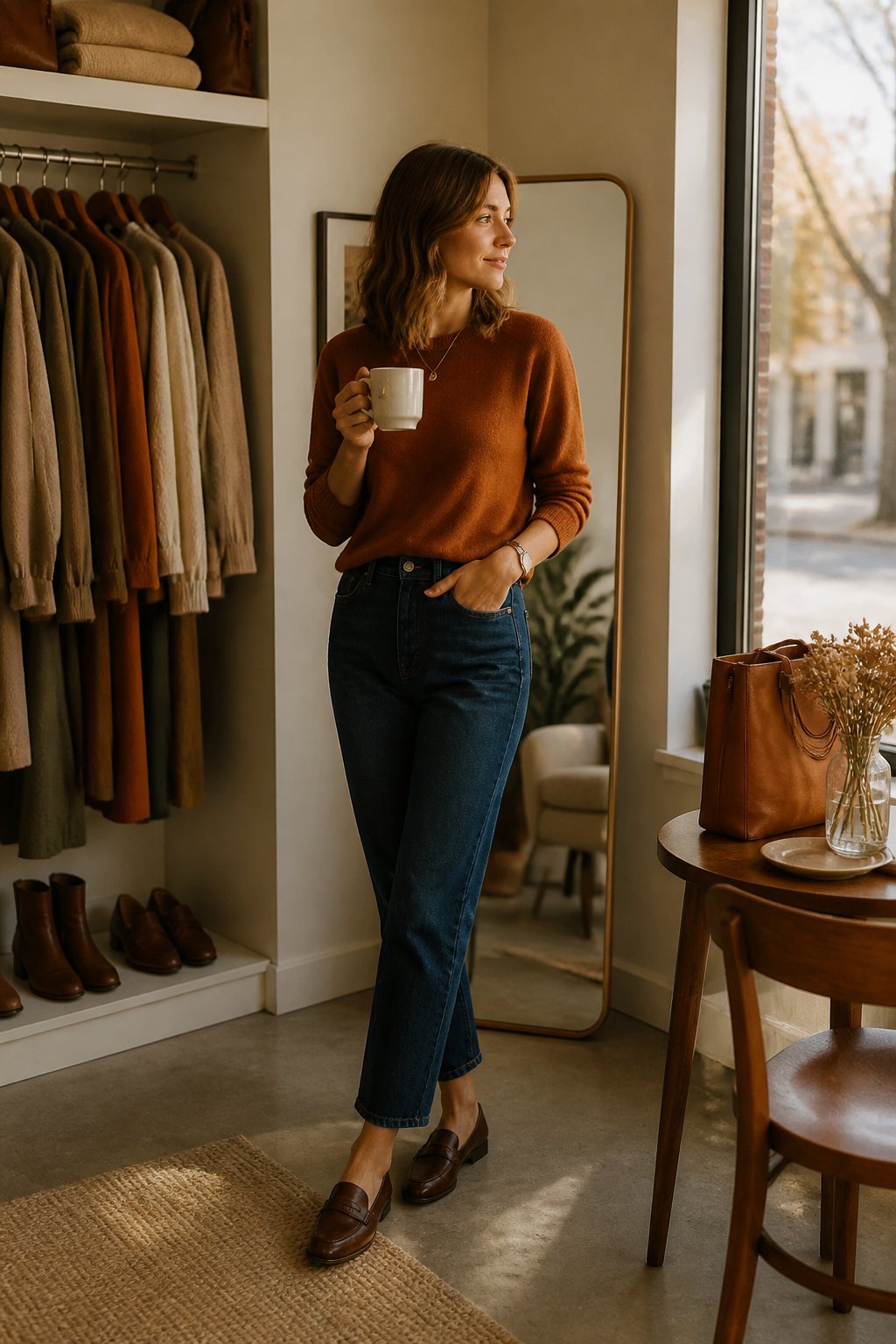 Woman wearing a rust sweater with dark denim and loafers for a soft autumn capsule wardrobe