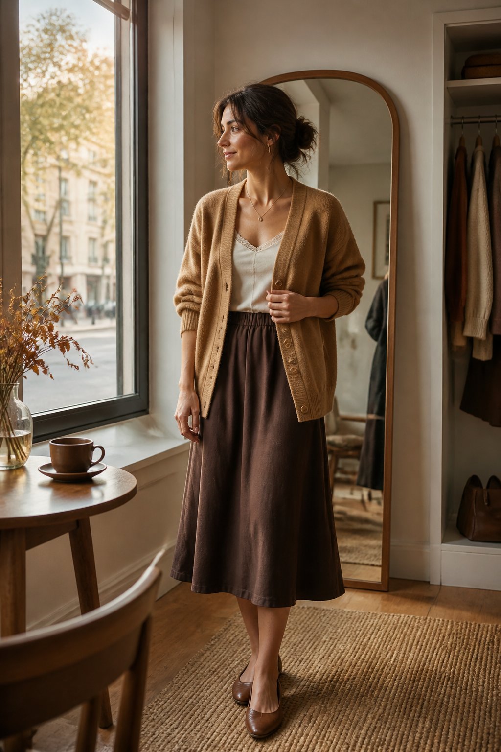 Woman wearing a camel cardigan with a soft brown midi skirt for a soft autumn capsule wardrobe