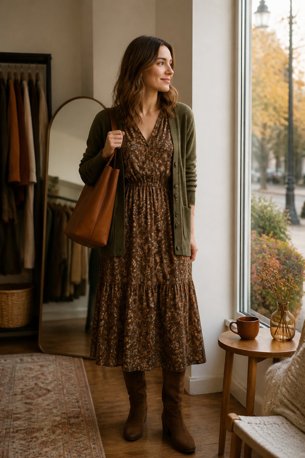 Woman wearing a muted floral dress with boots and a tote for a soft autumn capsule wardrobe