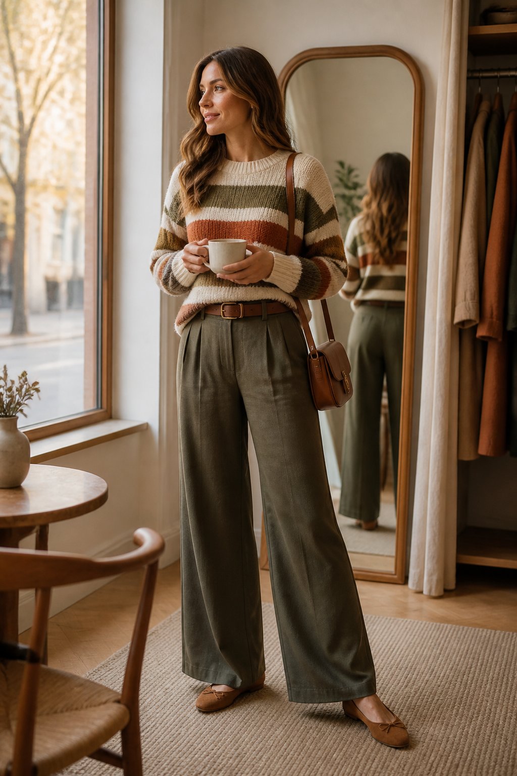 Woman wearing a warm stripe knit with wide-leg pants and flats for a soft autumn capsule wardrobe
