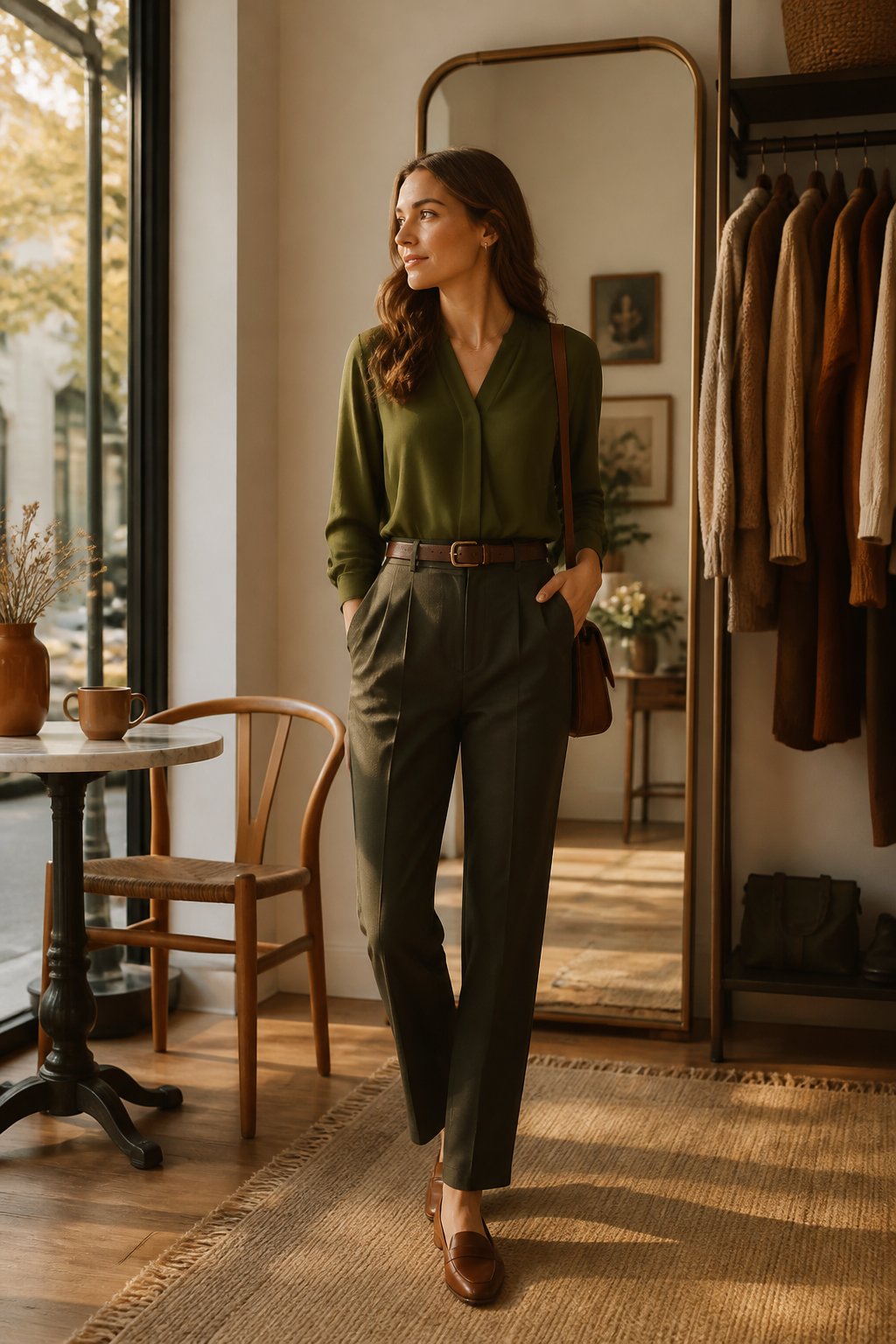 Woman wearing a moss green blouse with tailored trousers for a soft autumn capsule wardrobe