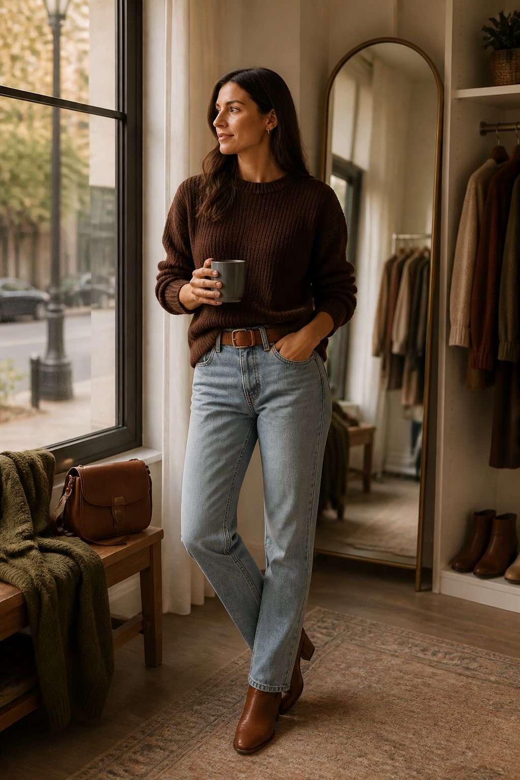 Woman wearing a chocolate knit with cream pants and ballet flats for a soft autumn capsule wardrobe