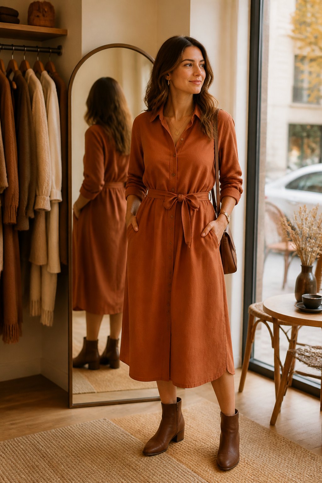 Woman wearing a terracotta top with dark denim and ankle boots for a soft autumn capsule wardrobe