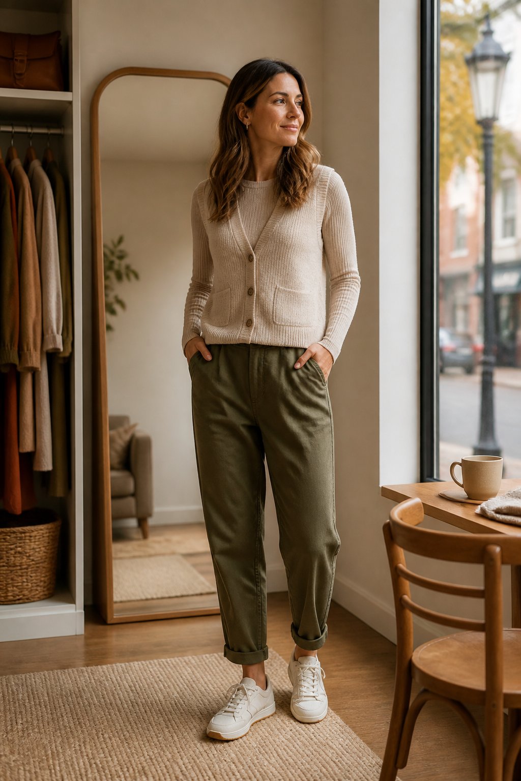 Woman wearing an oatmeal sweater dress with a belt and mules for a soft autumn capsule wardrobe