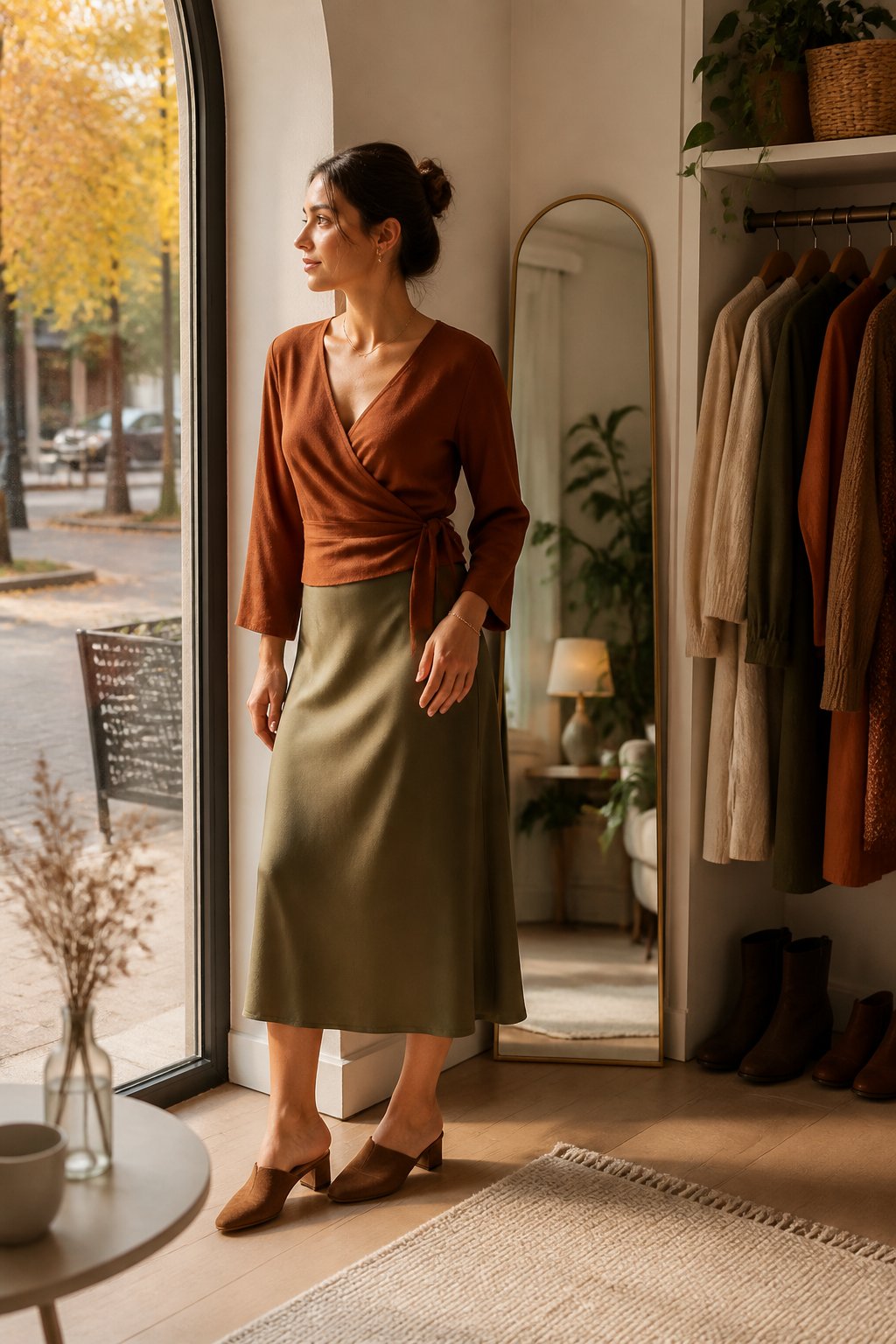 Woman wearing a soft cinnamon blazer with white tee and straight jeans for a soft autumn capsule wardrobe