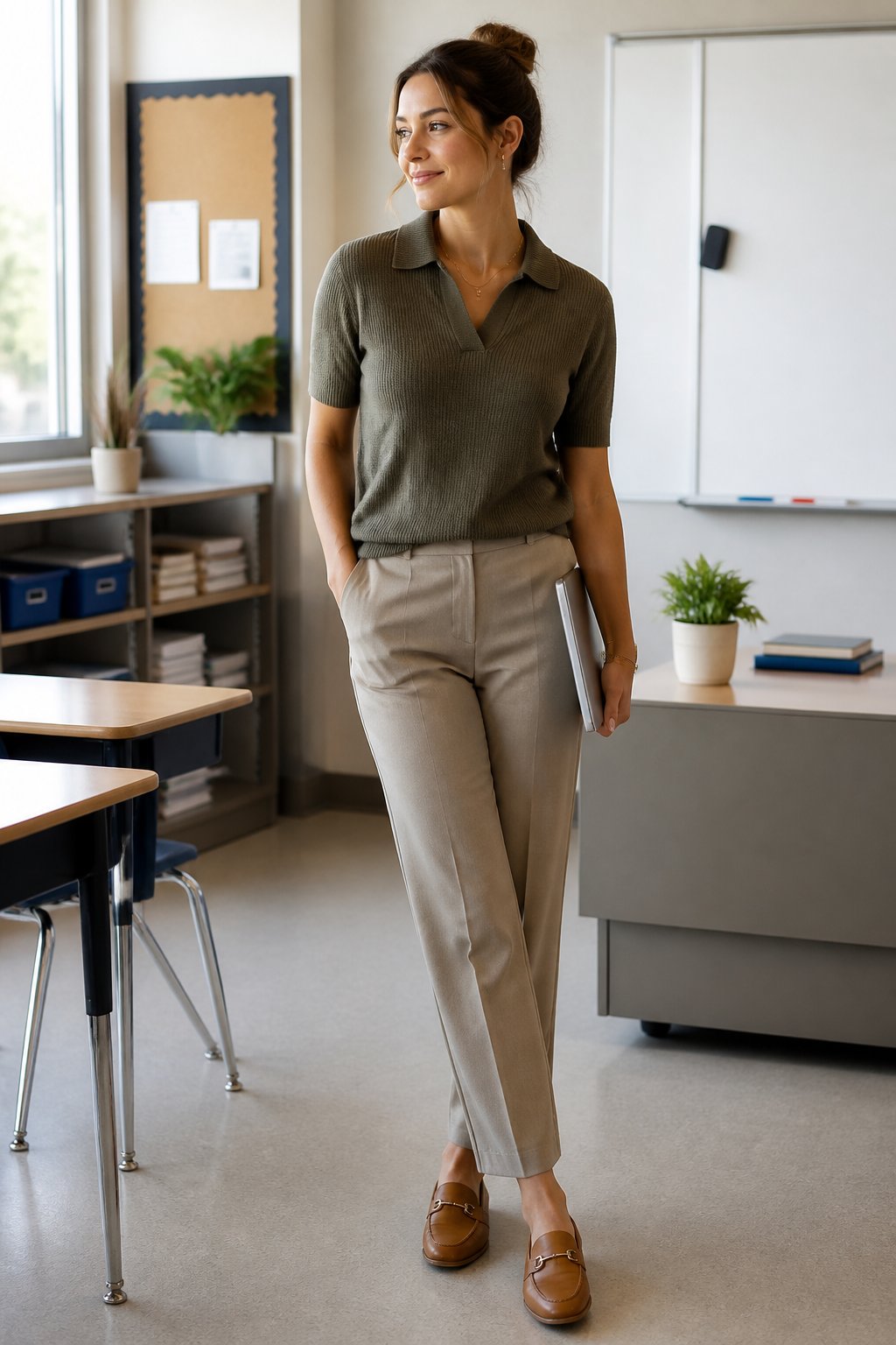Substitute Teacher Outfits That Look Polished and Keep Up With the Day outfit idea 1: Straight-Leg Trousers With a Knit Polo and Loafers