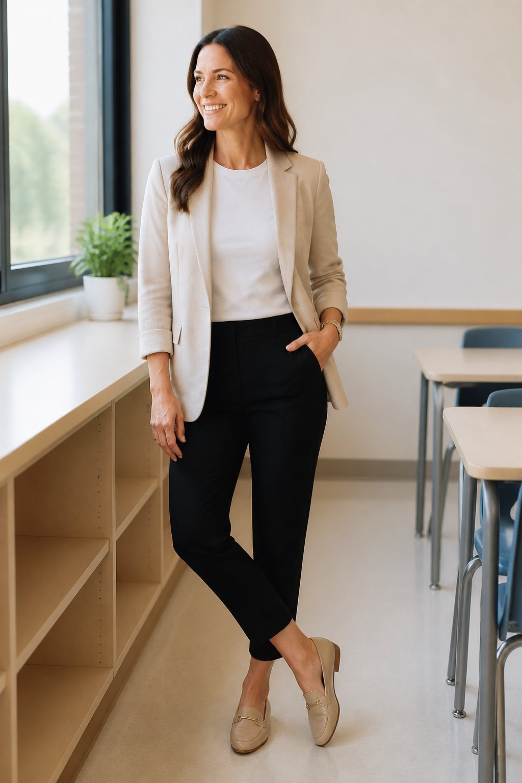 Substitute Teacher Outfits That Look Polished and Keep Up With the Day outfit idea 3: Relaxed Blazer With Ankle Pants and a Clean Tee