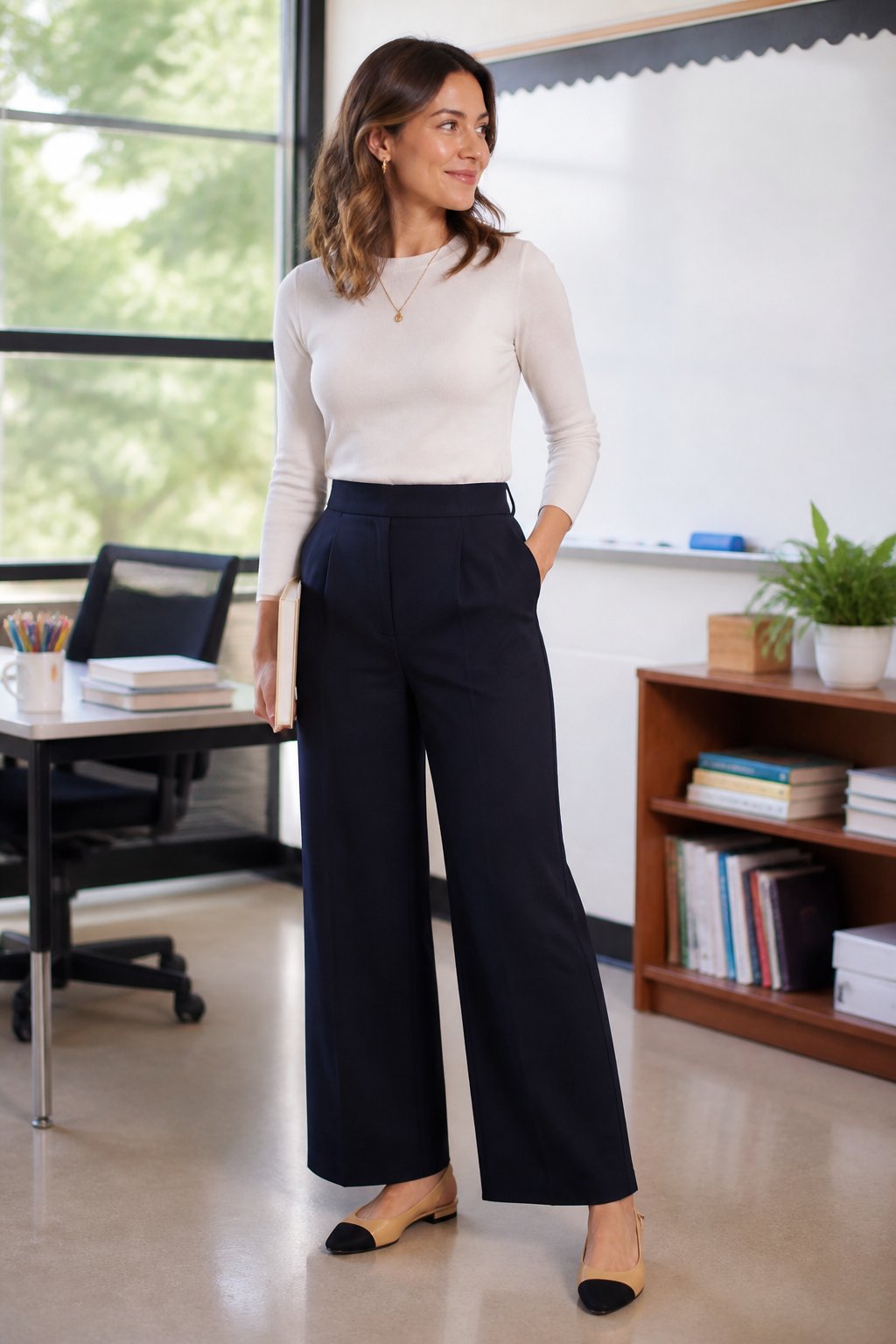 Substitute Teacher Outfits That Look Polished and Keep Up With the Day outfit idea 4: Wide-Leg Pants With a Fine Knit Top and Slingbacks