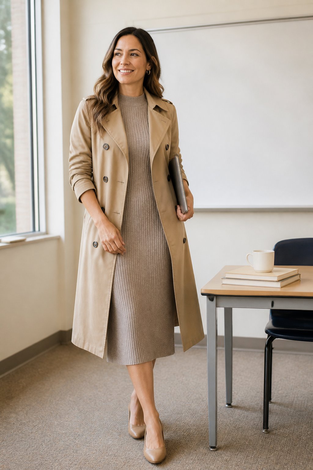 Substitute Teacher Outfits That Look Polished and Keep Up With the Day outfit idea 6: Knit Midi Dress With a Trench and Low Block Heels