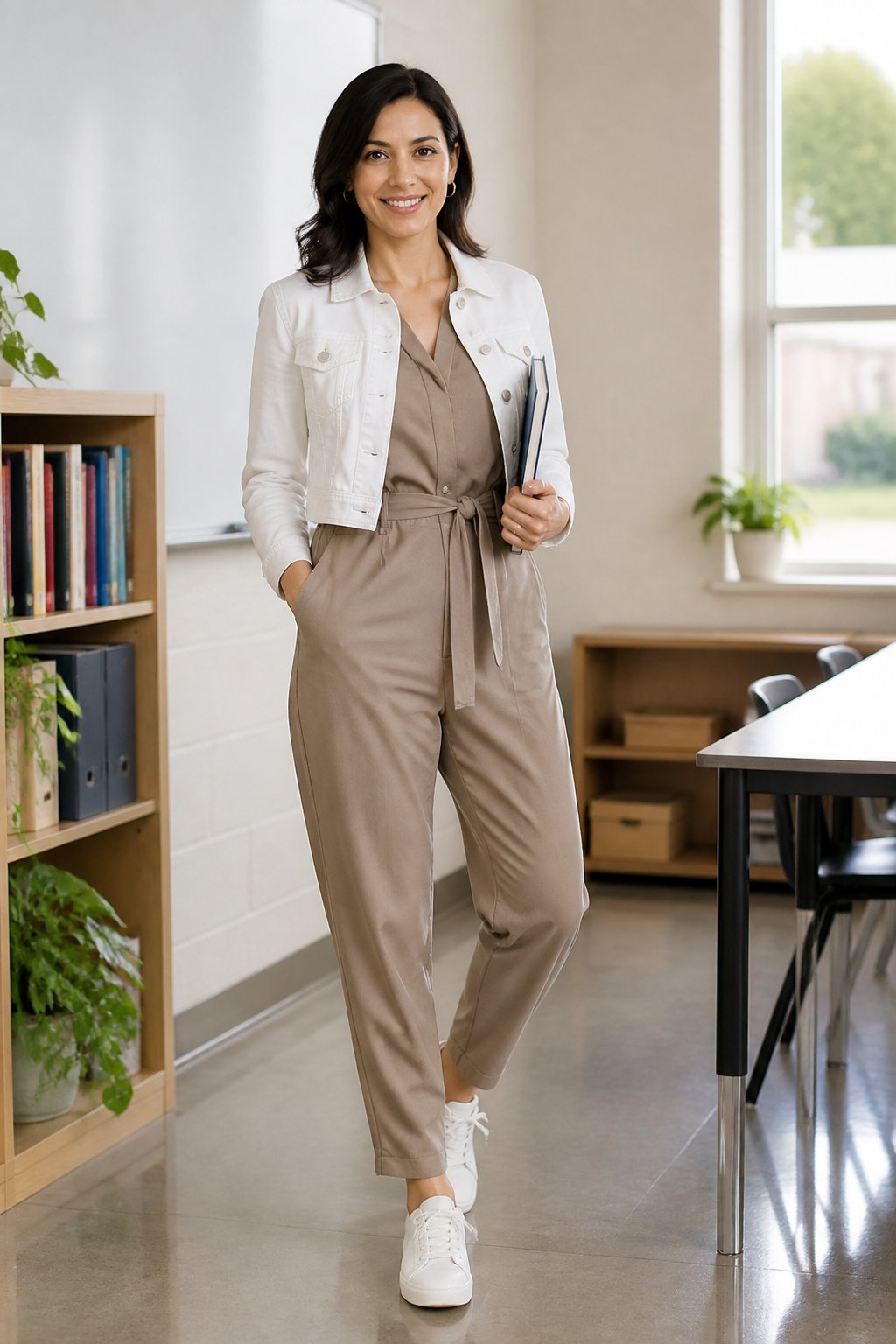 Substitute Teacher Outfits That Look Polished and Keep Up With the Day outfit idea 7: Tailored Jumpsuit With a Short Jacket and Simple Sneakers