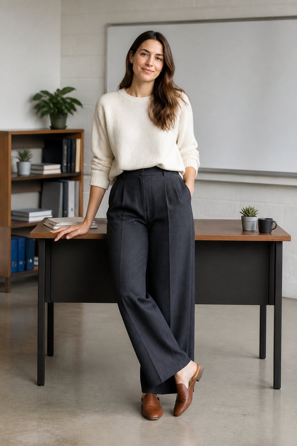Charcoal high-waisted wide-leg pants with a soft cream sweater and low brown mules for a teacher