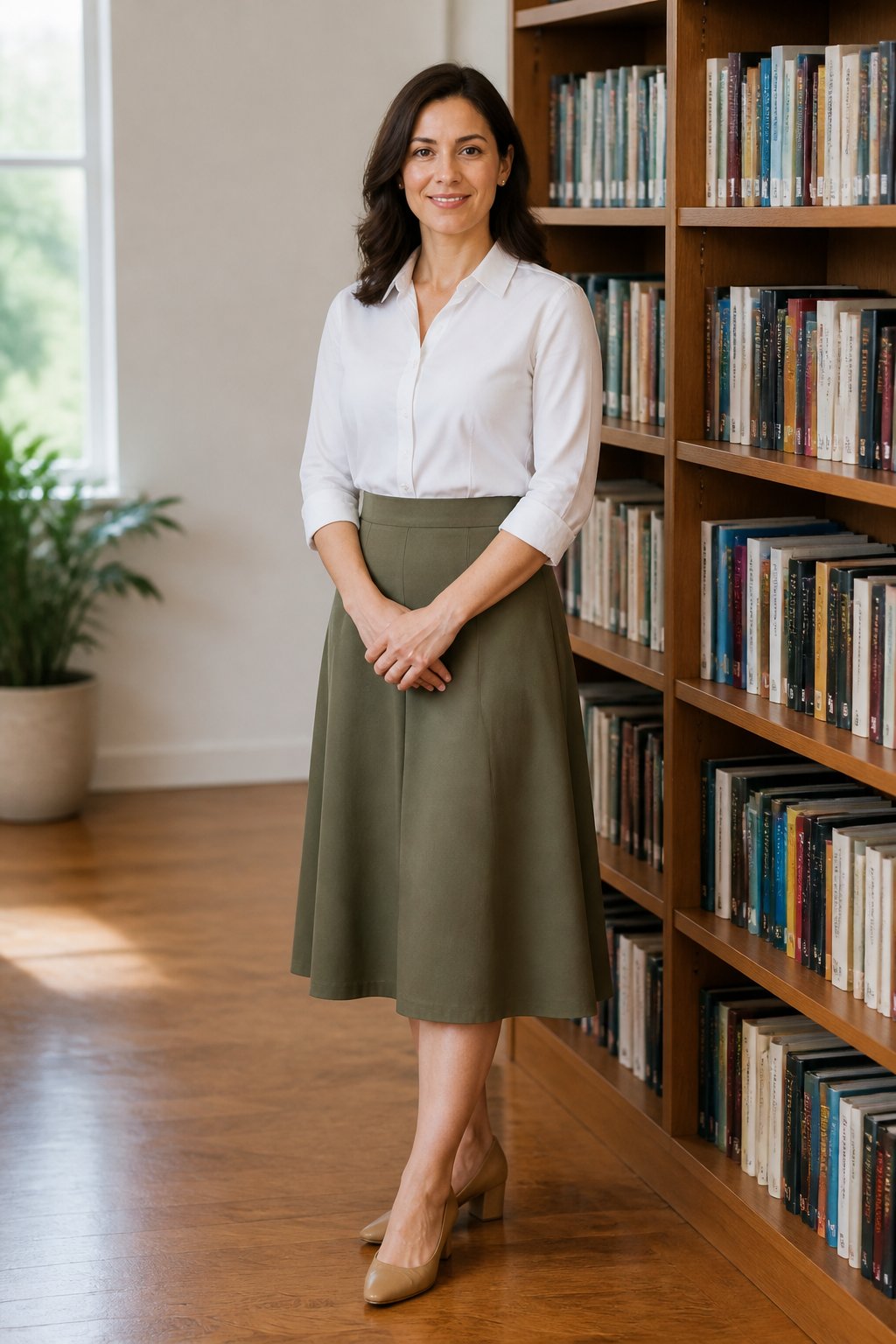 Olive A-line midi skirt with a tucked white button-up and low camel block-heel pumps for a teacher