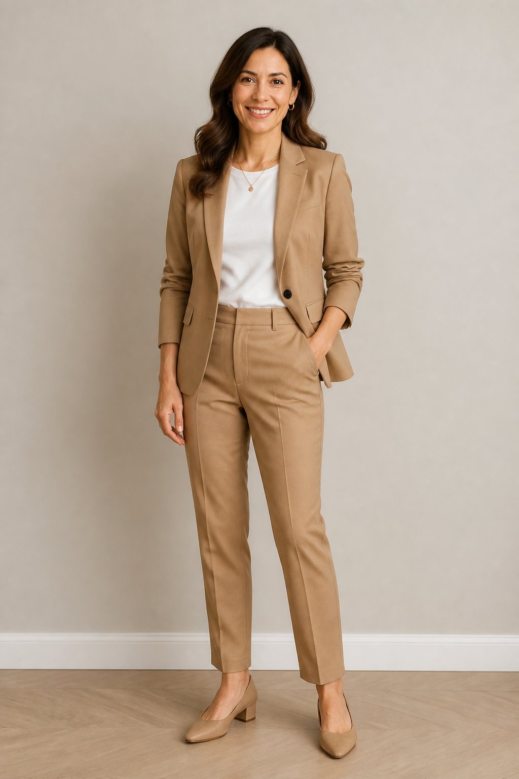 Soft camel trouser suit with a simple white tee and low block-heel pumps for a teacher