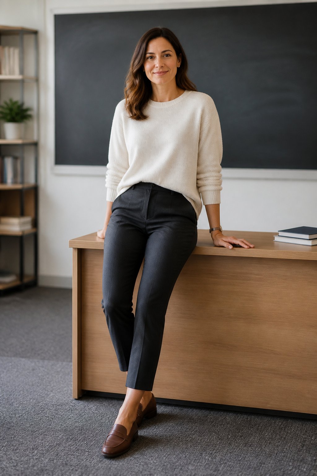 Charcoal cropped trousers with a soft cream sweater and brown loafers for a teacher