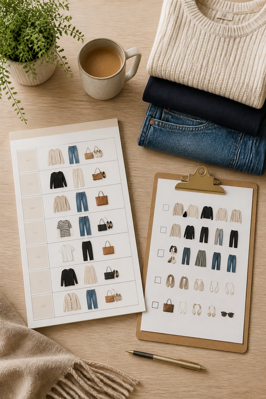 Practical wardrobe planning tools, weekly outfit planner, and capsule checklist on a calm neutral desk setup