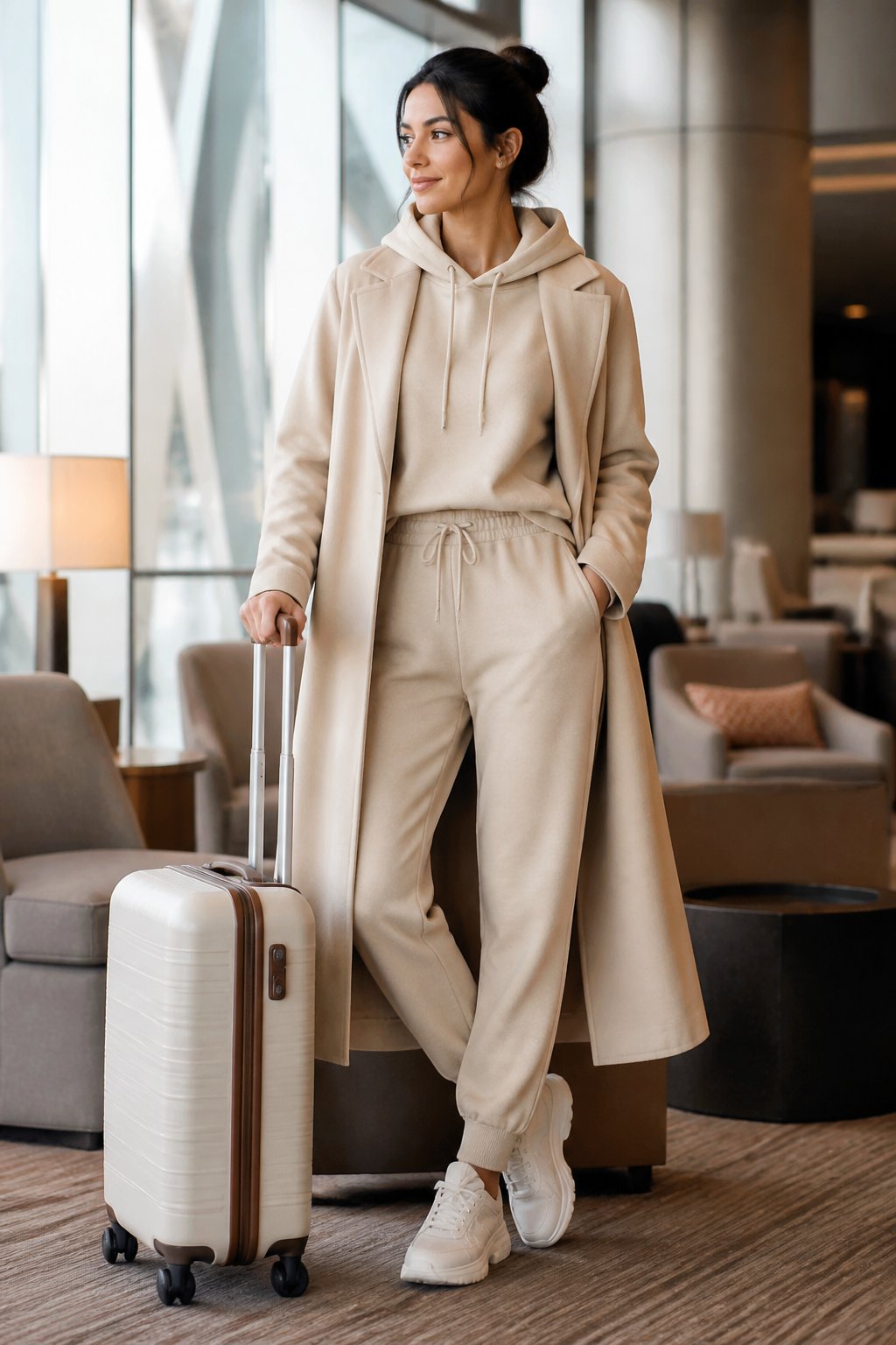 Woman wearing a coordinated jogger set, long coat, and trainers for a travel outfit