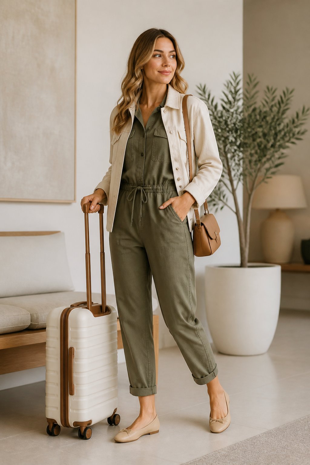Woman wearing a utility jumpsuit, light jacket, and flats for a travel outfit