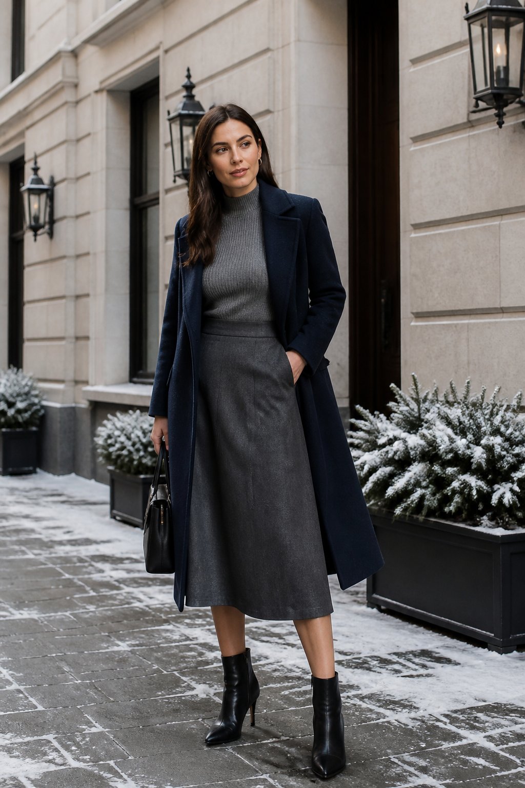 True Winter Capsule Wardrobe Ideas for Clean, High-Contrast Outfits outfit idea 2: Ribbed Knit Top With a Midi Skirt and Ankle Boots