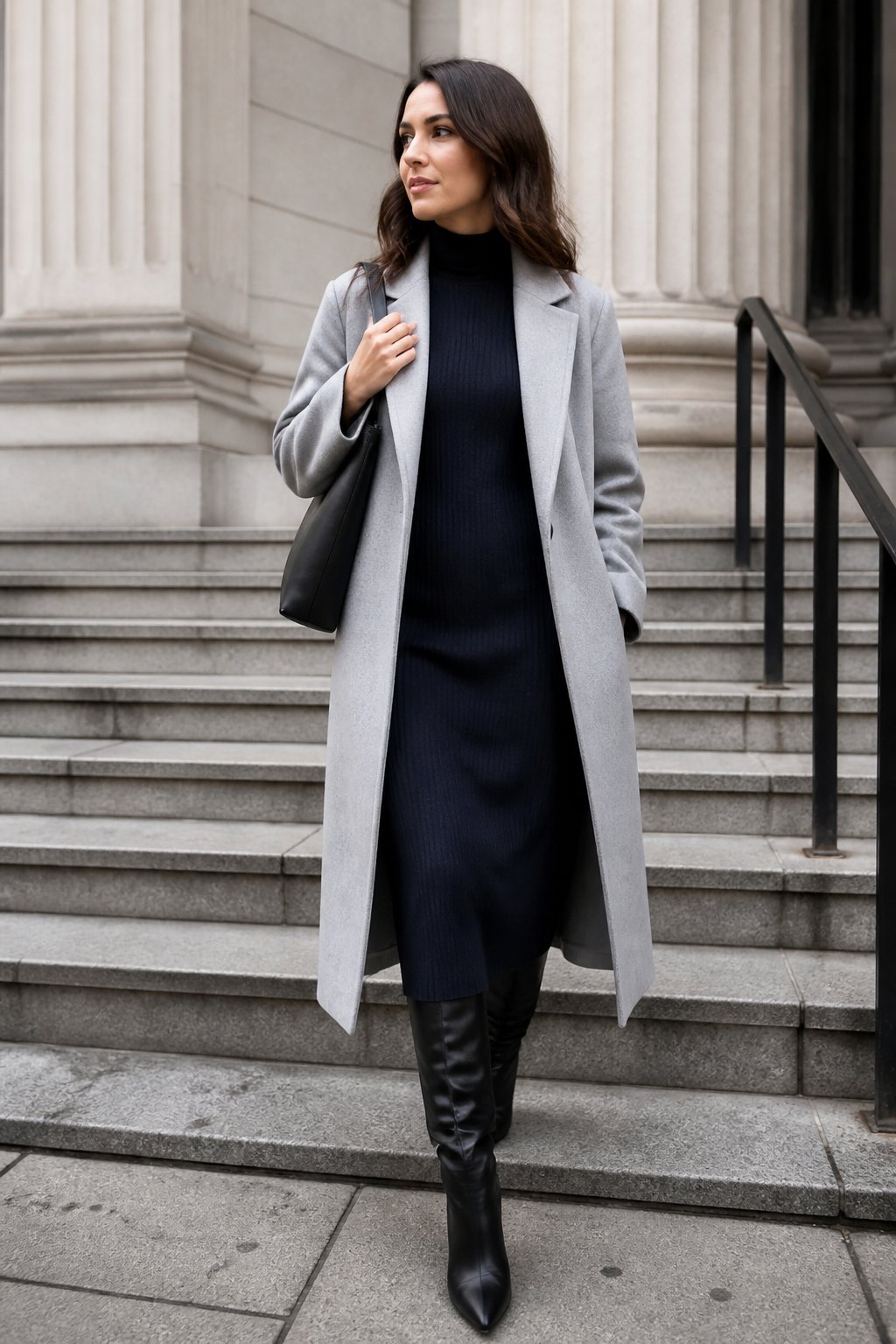 True Winter Capsule Wardrobe Ideas for Clean, High-Contrast Outfits outfit idea 3: Tailored Coat With a Column Dress and Knee Boots