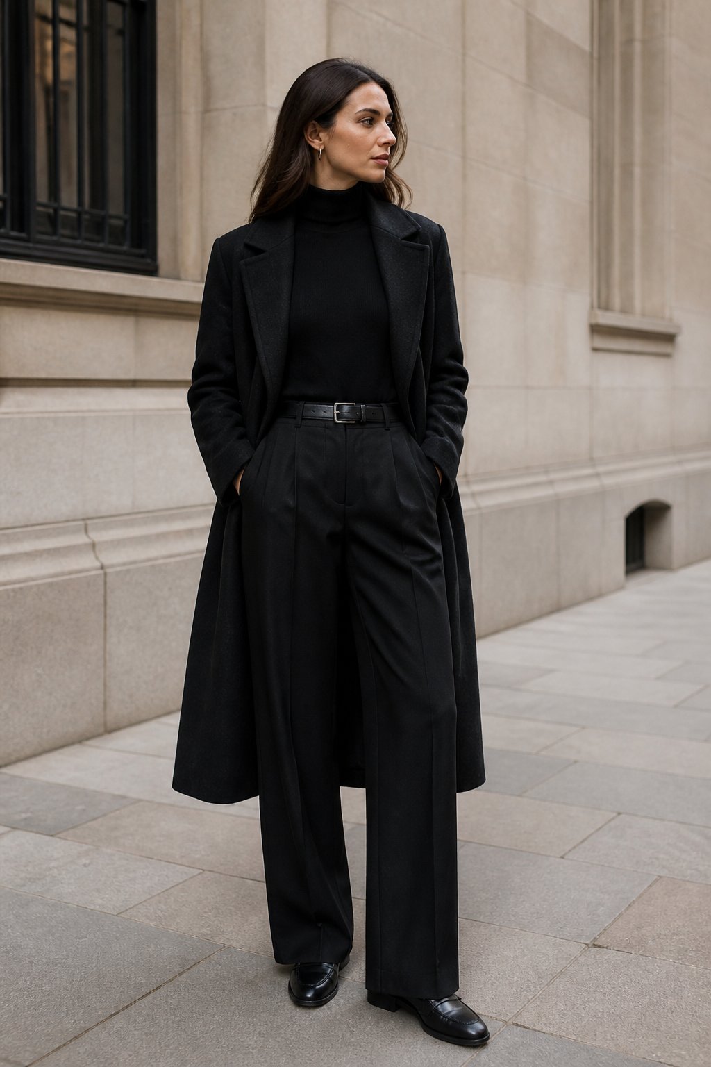 True Winter Capsule Wardrobe Ideas for Clean, High-Contrast Outfits outfit idea 4: Black Turtleneck With Wide-Leg Trousers and Loafers