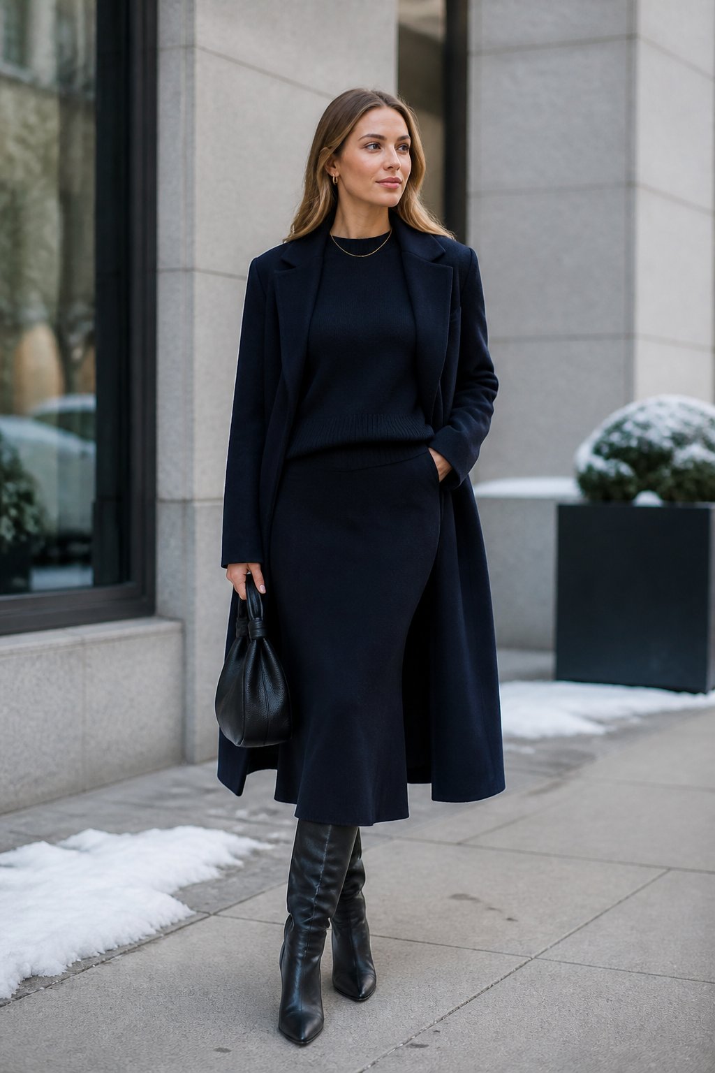 True Winter Capsule Wardrobe Ideas for Clean, High-Contrast Outfits outfit idea 5: Sweater Set With a Midi Skirt and Minimal Jewelry
