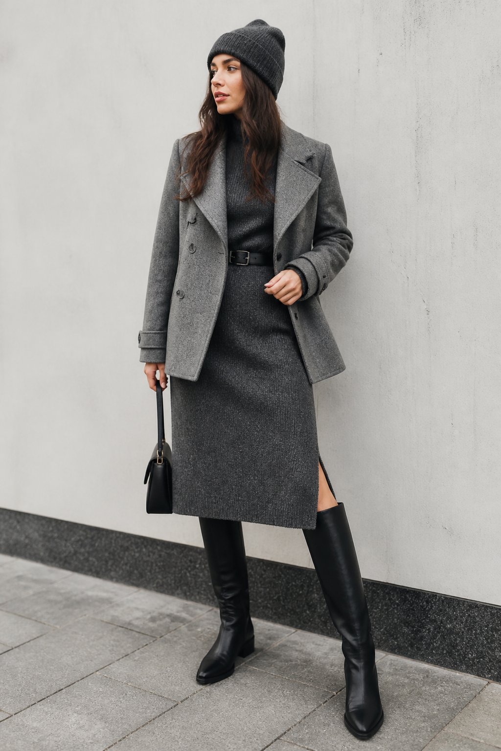 True Winter Capsule Wardrobe Ideas for Clean, High-Contrast Outfits outfit idea 7: Knit Dress With a Structured Jacket and Tall Boots