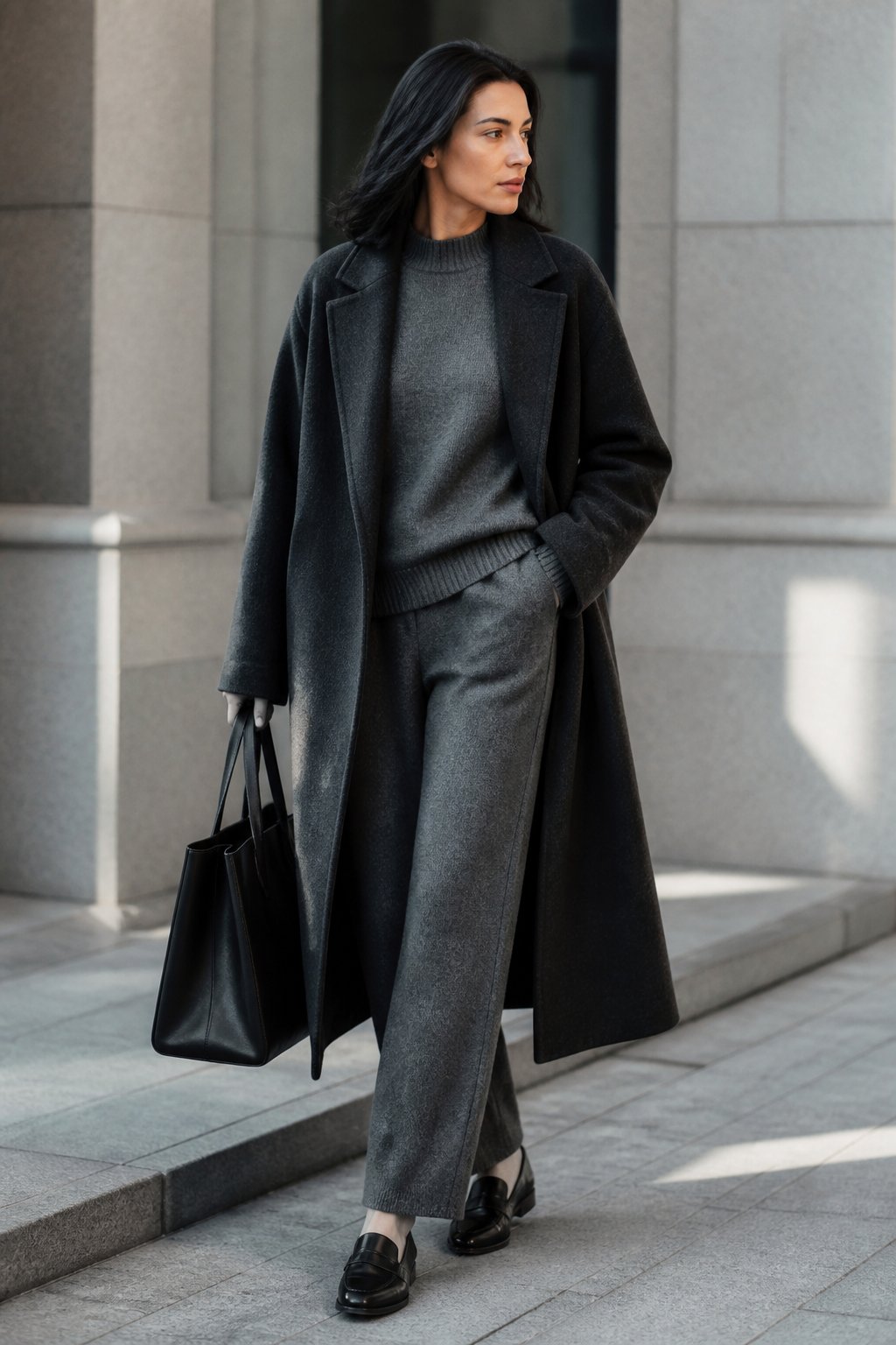 True Winter Capsule Wardrobe Ideas for Clean, High-Contrast Outfits outfit idea 8: Monochrome Knit Set With a Long Coat and Loafers