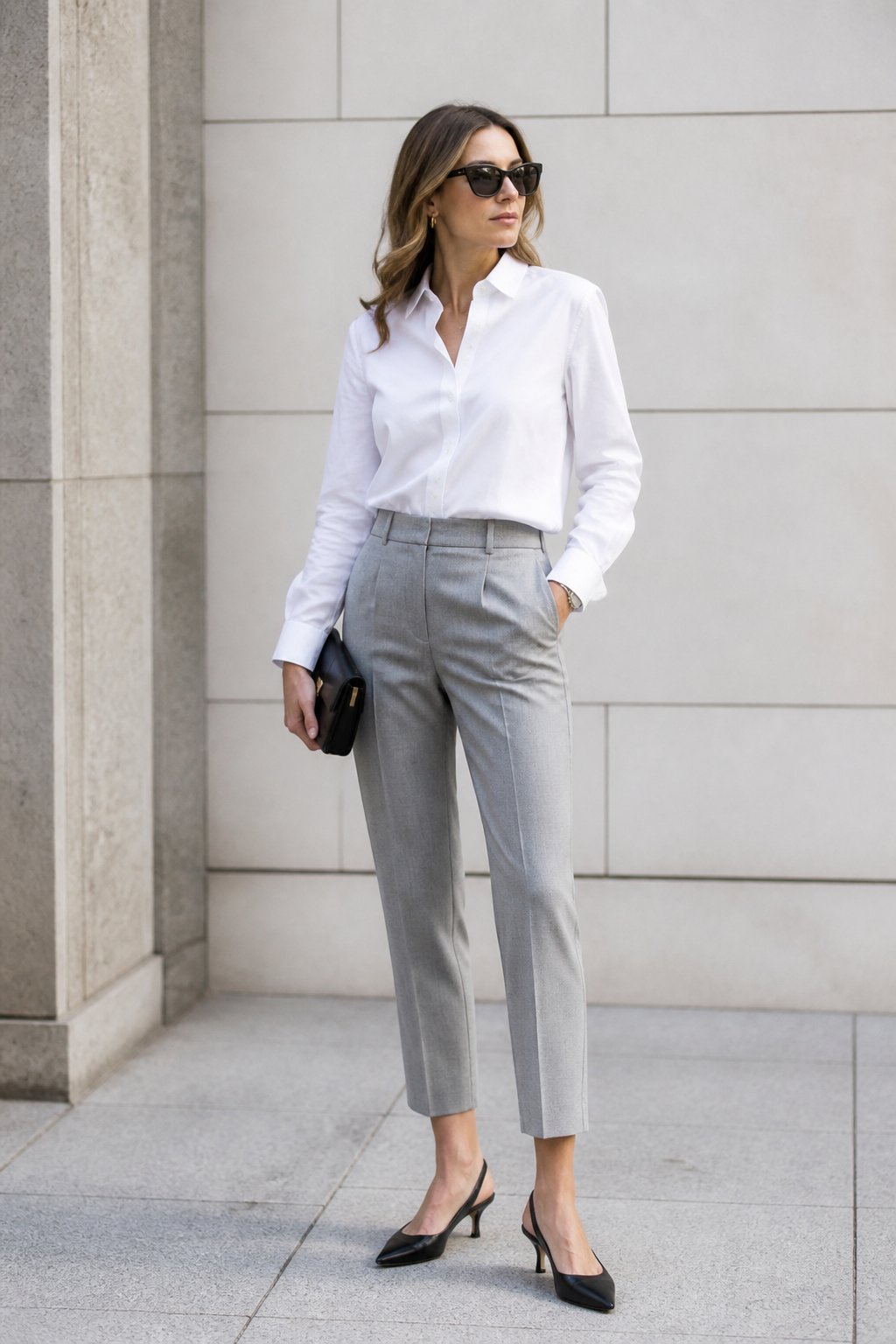 True Winter Capsule Wardrobe Ideas for Clean, High-Contrast Outfits outfit idea 9: Crisp Shirt With Cropped Trousers and Slingbacks