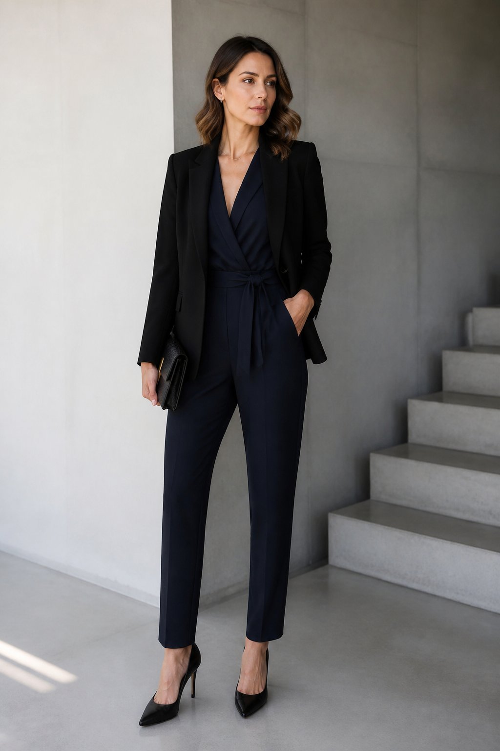 True Winter Capsule Wardrobe Ideas for Clean, High-Contrast Outfits outfit idea 10: Sharp Jumpsuit With a Blazer and Simple Heels