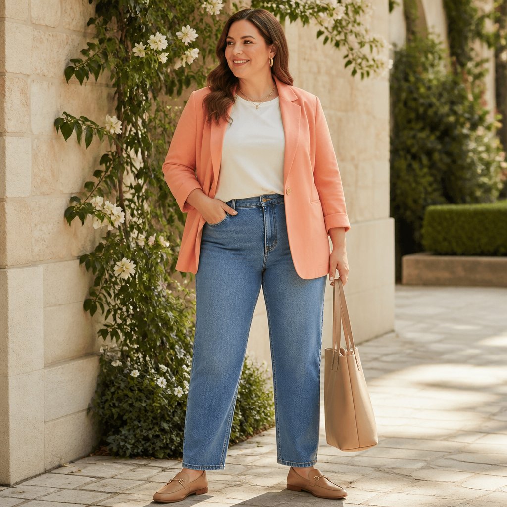 Warm spring outfit with an ivory tee, warm peach blazer, straight-leg jeans, and tan loafers on an adult woman outdoors in bright spring light
