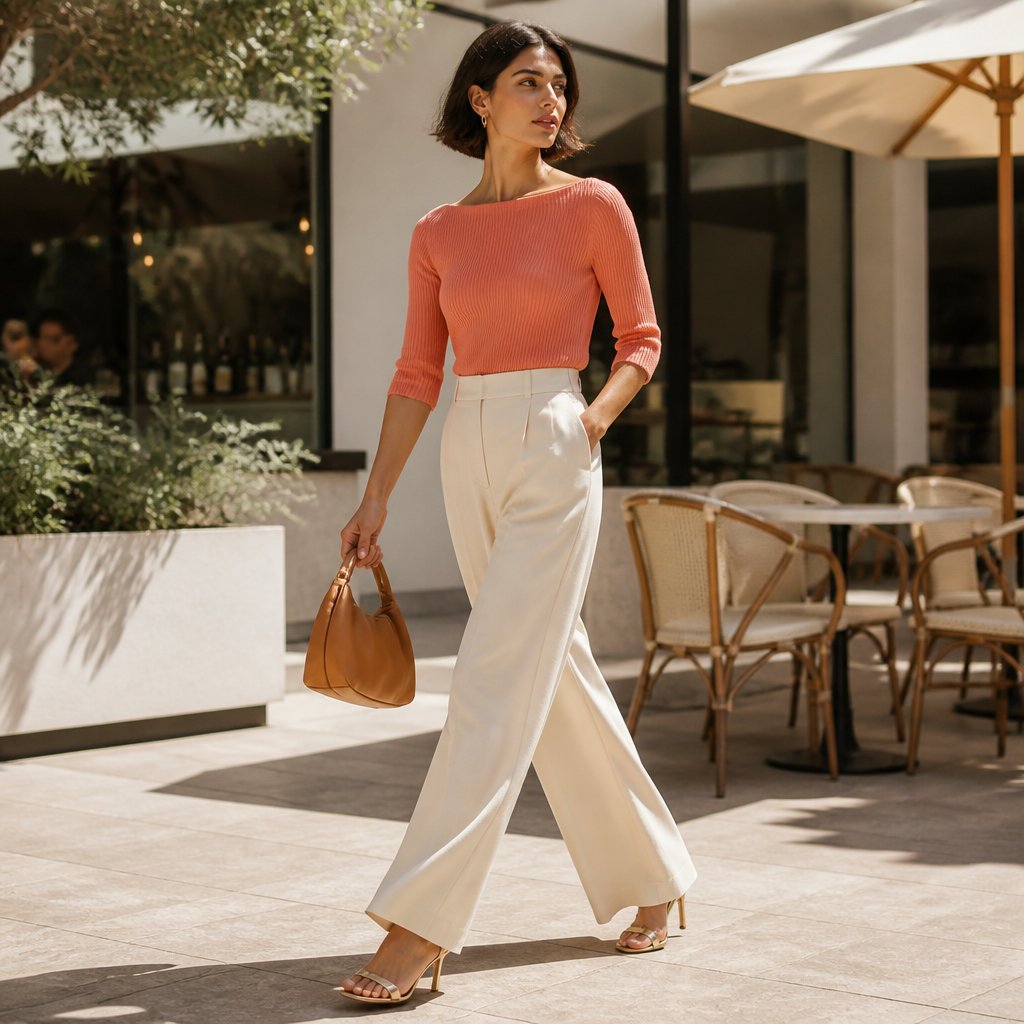 Warm spring outfit with a coral knit top, cream wide-leg trousers, and warm gold sandals styled on an adult woman with a relaxed stance