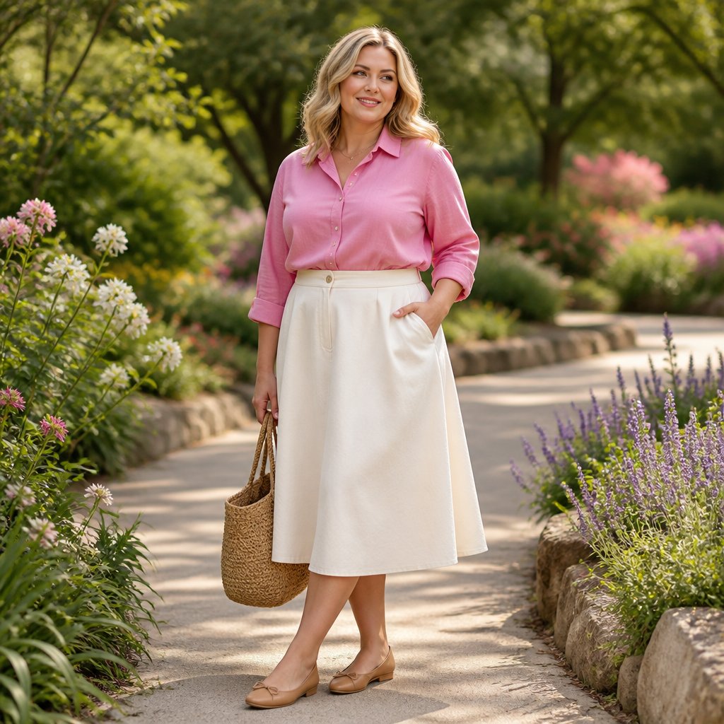 Warm spring outfit with a warm pink button-up, ivory midi skirt, and tan ballet flats on an adult woman in a sunlit garden path