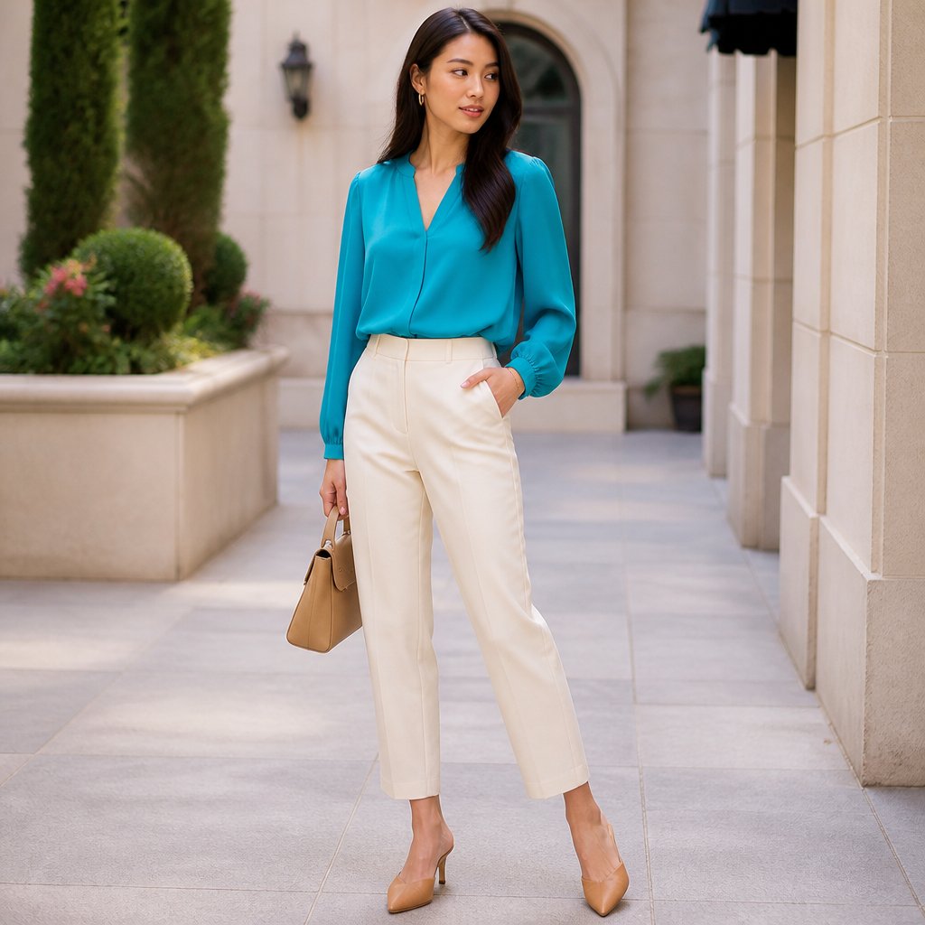 Warm spring outfit with a turquoise blouse, ivory ankle pants, and camel mules on an adult woman in a bright urban courtyard