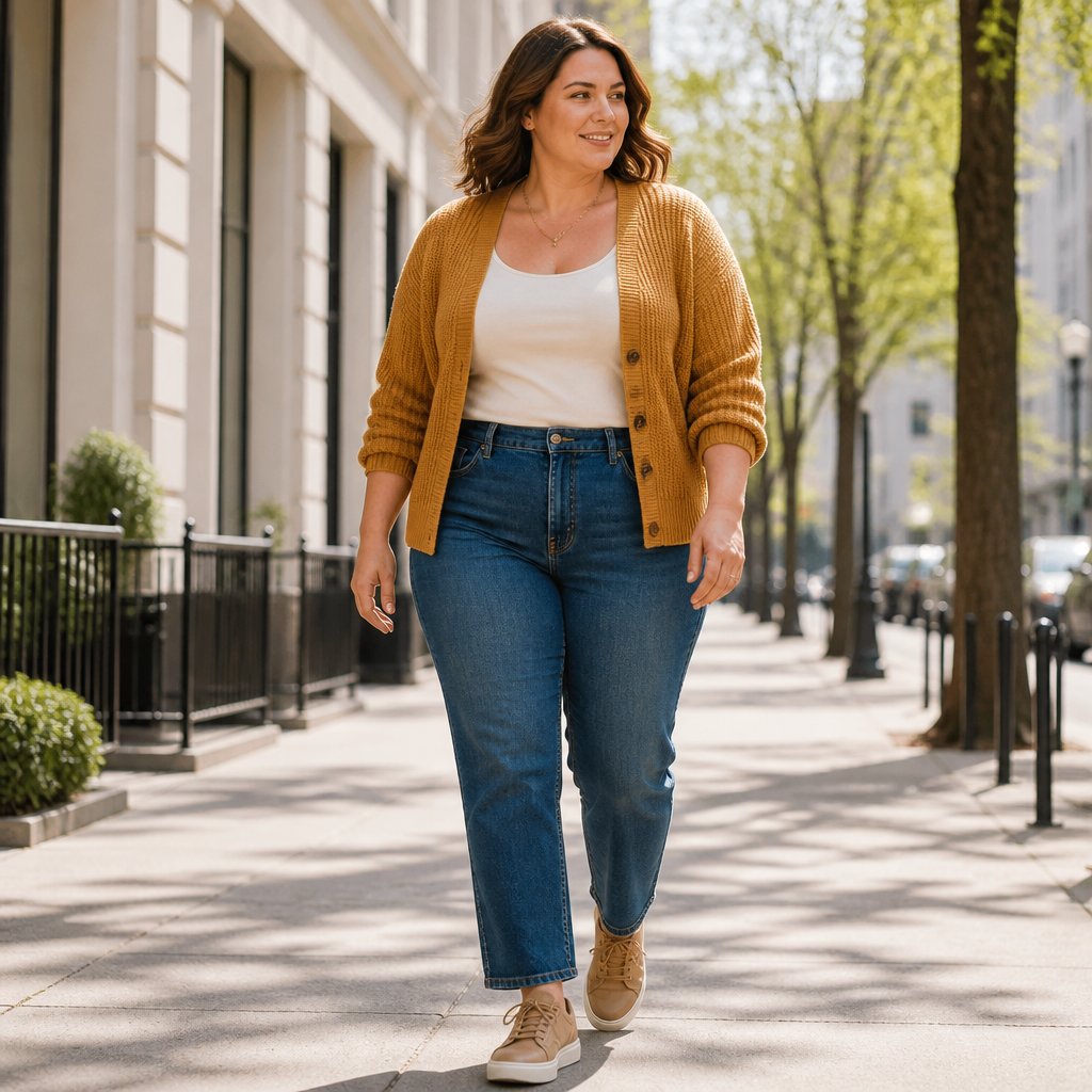 Warm spring outfit with a warm gold cardigan, ivory tank, straight jeans, and tan sneakers on an adult woman in a relaxed street setting