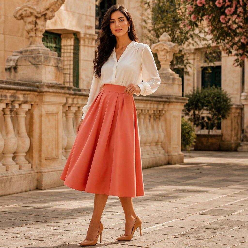 Warm spring outfit with an ivory blouse, coral midi skirt, and tan heels on an adult woman standing in a bright spring plaza