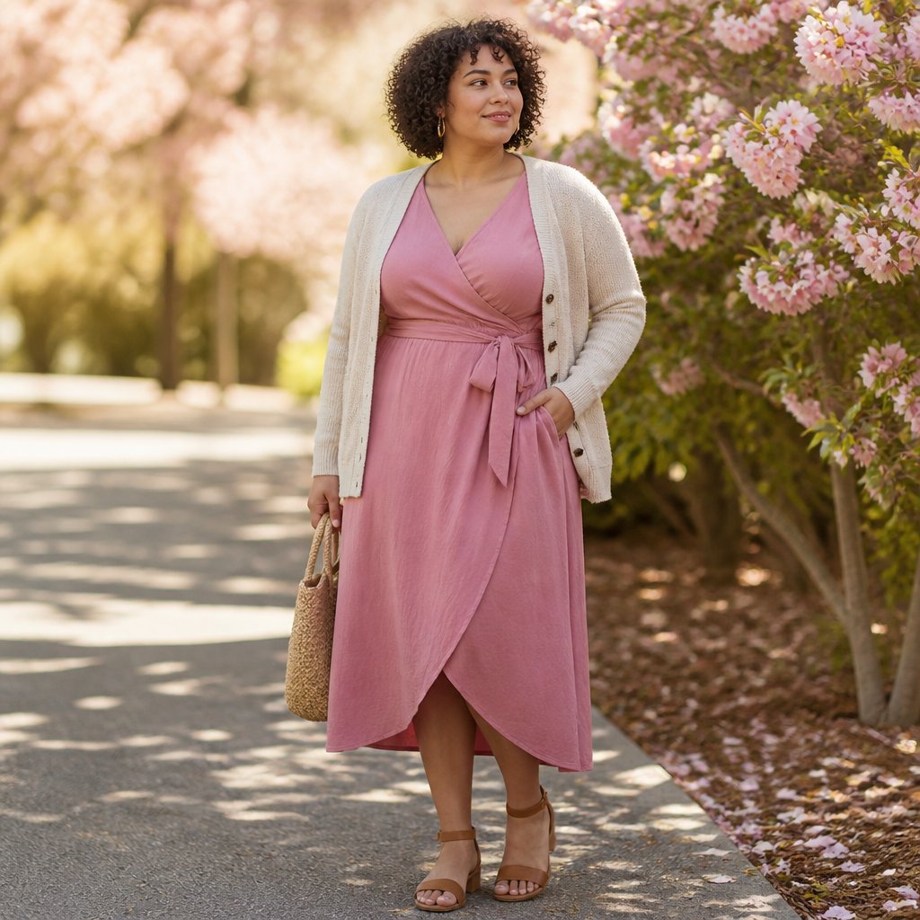 Warm spring outfit with a warm pink wrap dress, cream cardigan, and tan sandals on an adult woman posing near flowering trees
