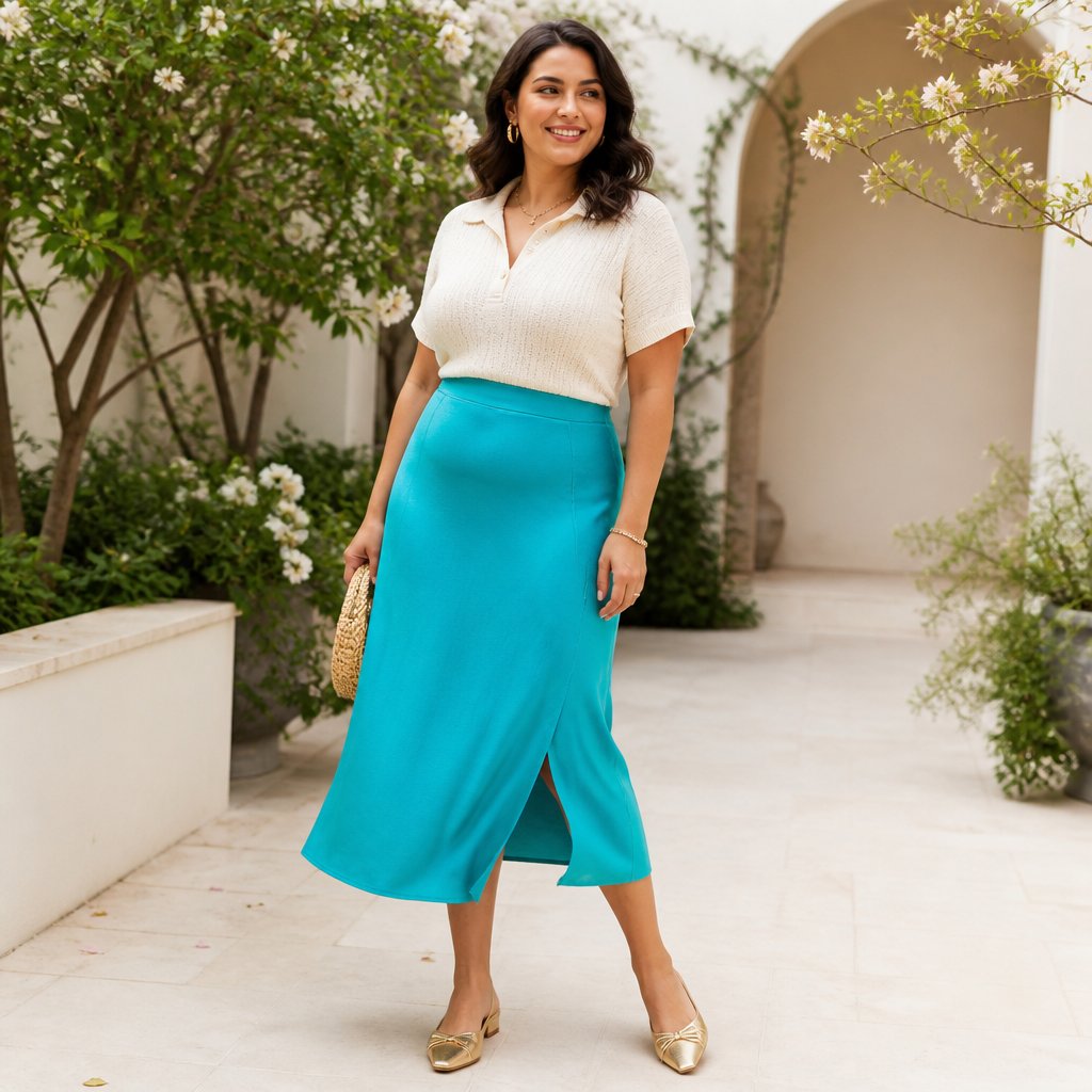 Warm spring outfit with an ivory knit polo, turquoise skirt, and warm gold flats on an adult woman in a breezy courtyard setting