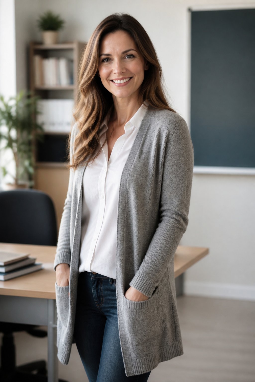 Woman teacher wearing cardigan with button-up and dark jeans