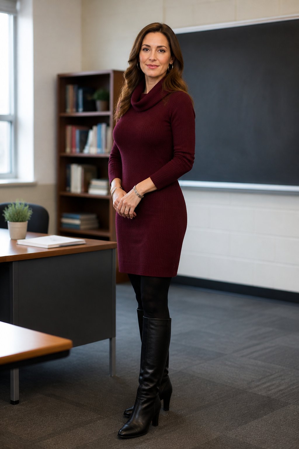 Woman teacher wearing sweater dress with tights and knee-high boots