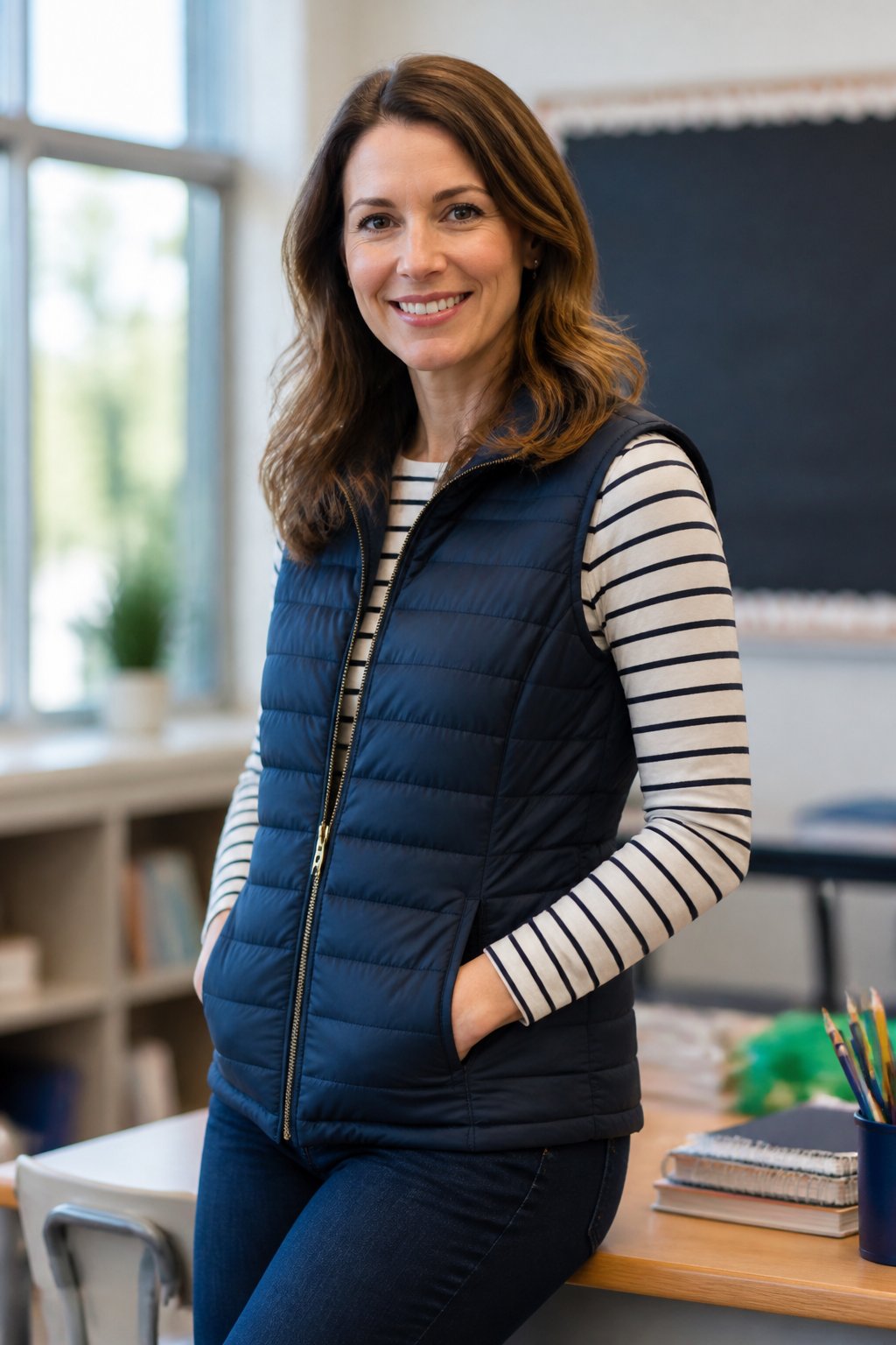 Woman teacher wearing puffer vest over long-sleeve tee and jeans