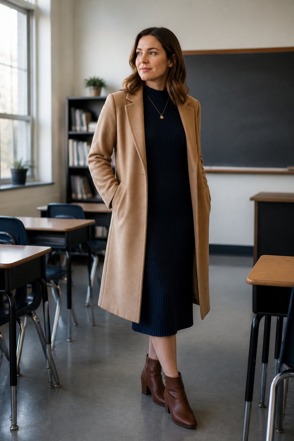 Woman teacher wearing wool blend coat over knit dress and boots
