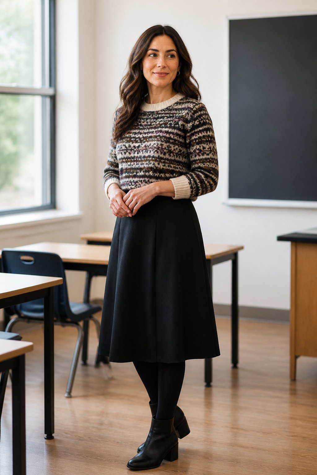 Woman teacher wearing Fair Isle sweater with black skirt and tights