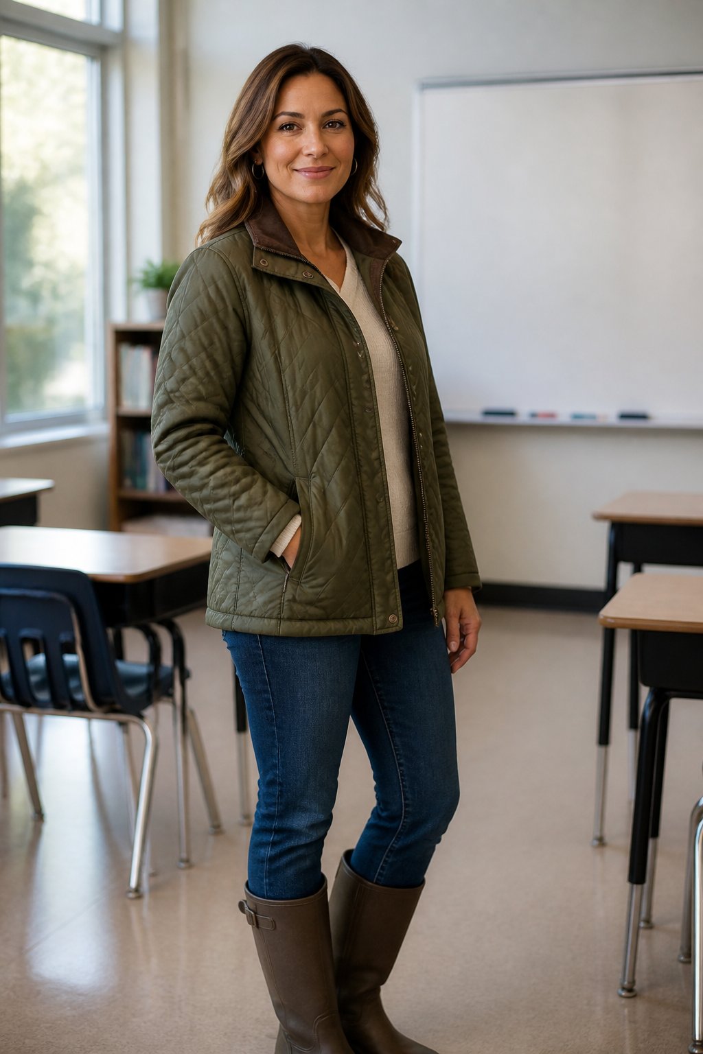 Woman teacher wearing quilted jacket with straight jeans and weatherproof boots