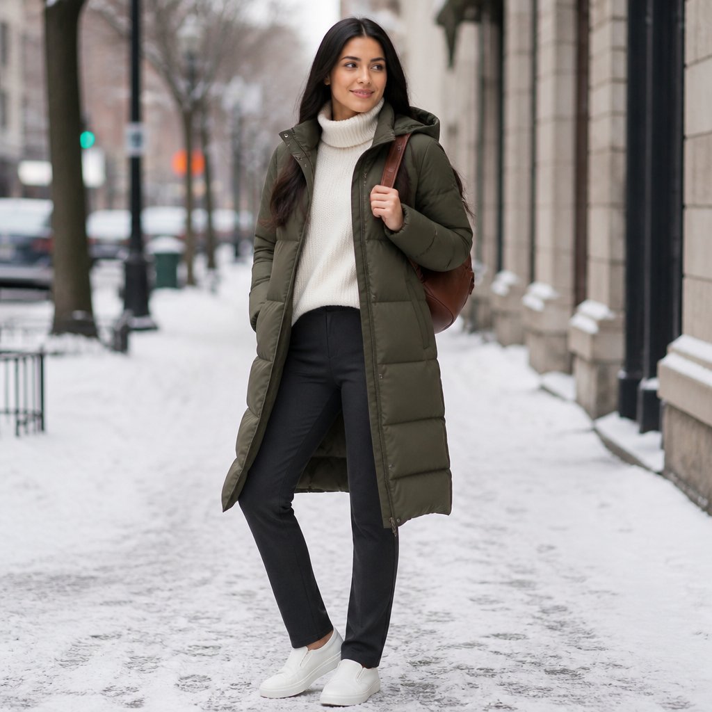 Winter travel outfit for women: long black puffer coat over a soft cream turtleneck, navy pull-on pants, and white slip-on sneakers