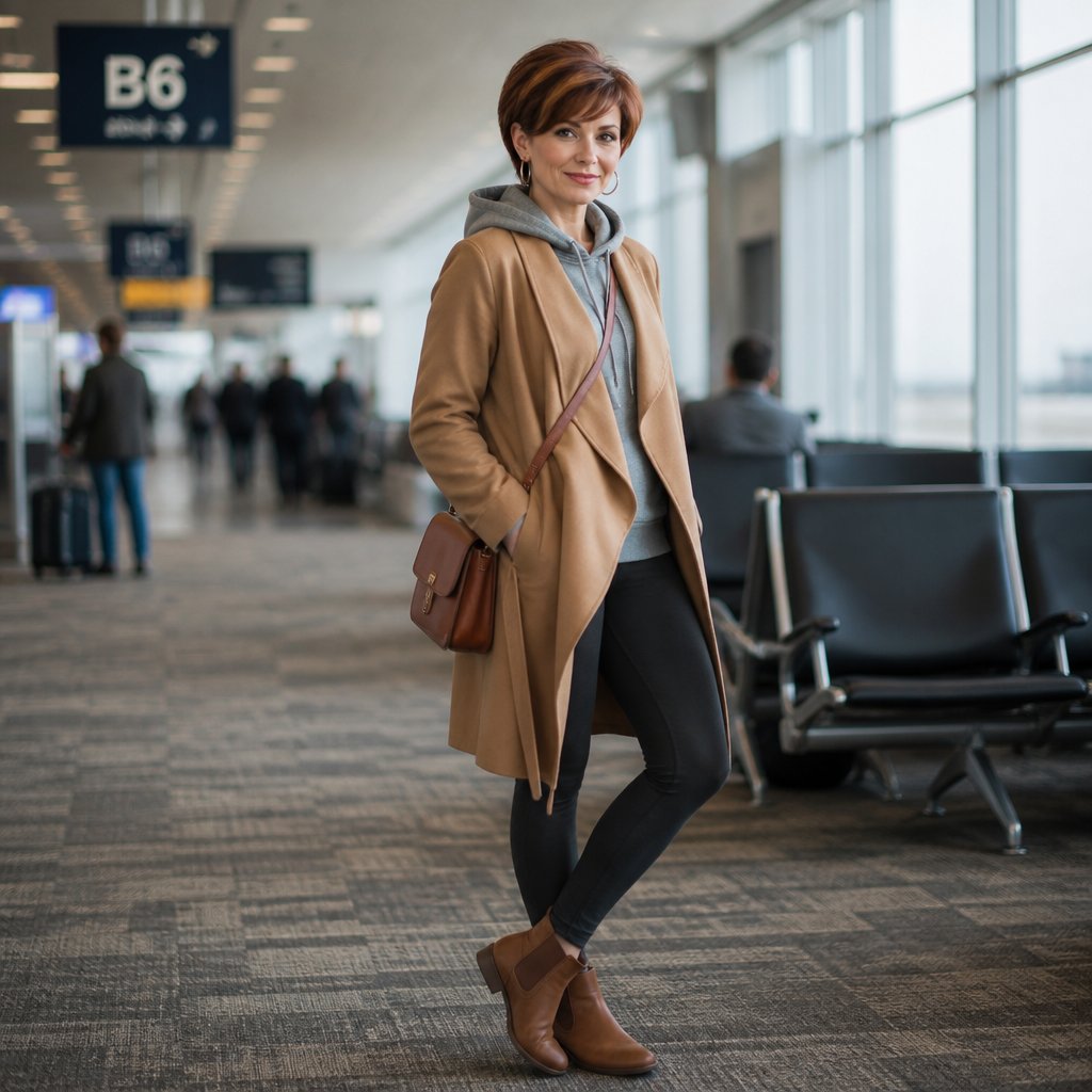 Winter travel outfit for women: beige trench coat layered over a quilted liner jacket, white tee, and charcoal stretch trousers